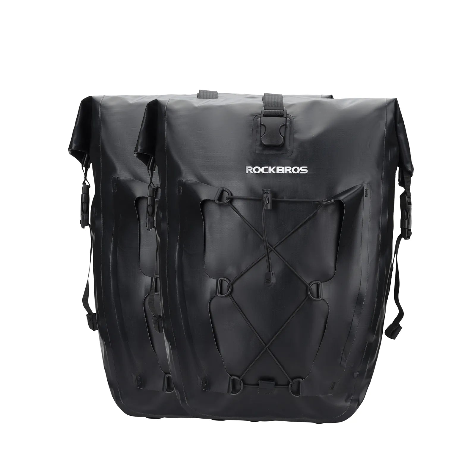 ROCKBROS 25L waterproof bike pannier bag installed on bicycle rear rack for touring and commuting.
#color_black