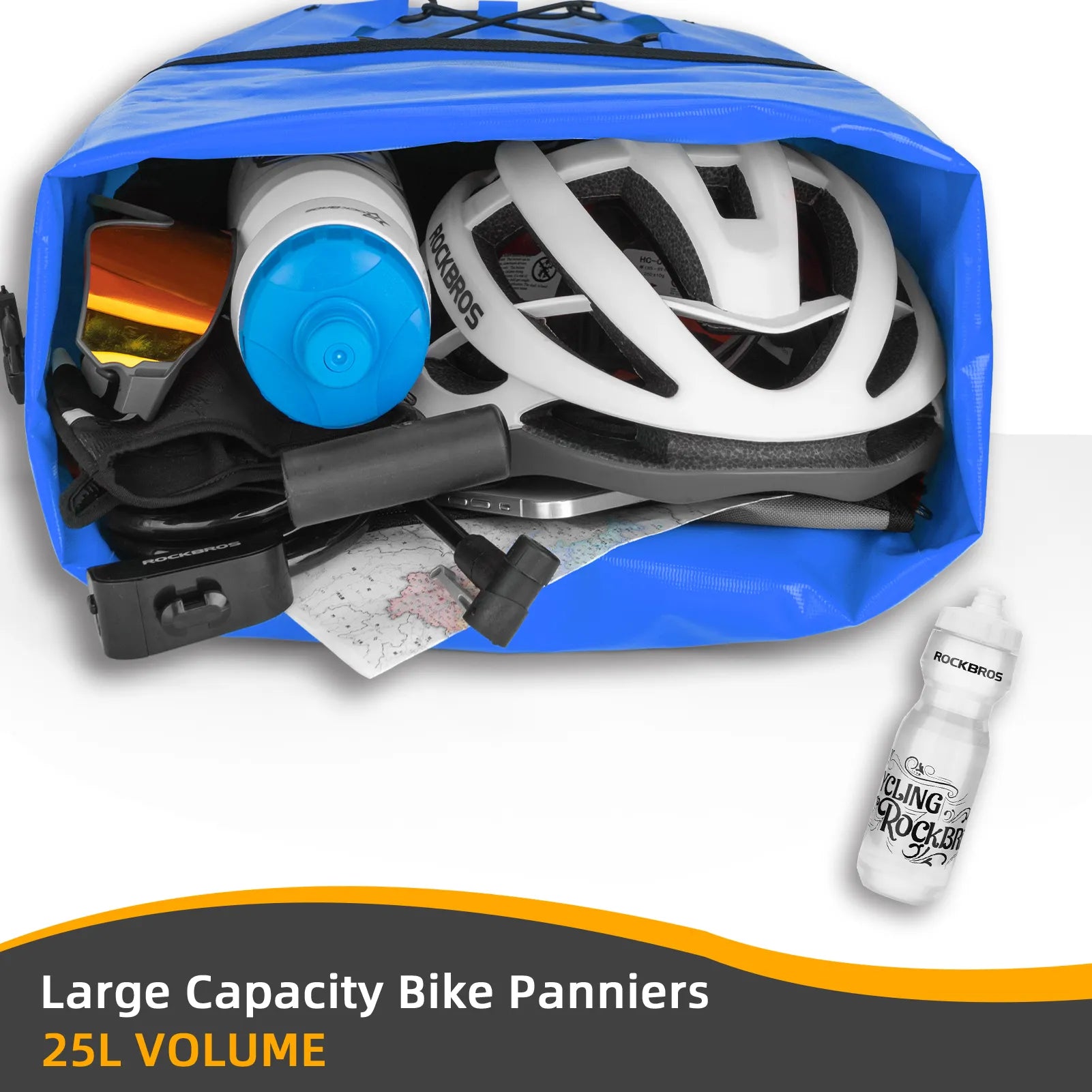 ROCKBROS 25L waterproof bike pannier bag installed on bicycle rear rack for touring and commuting.
#color_blue