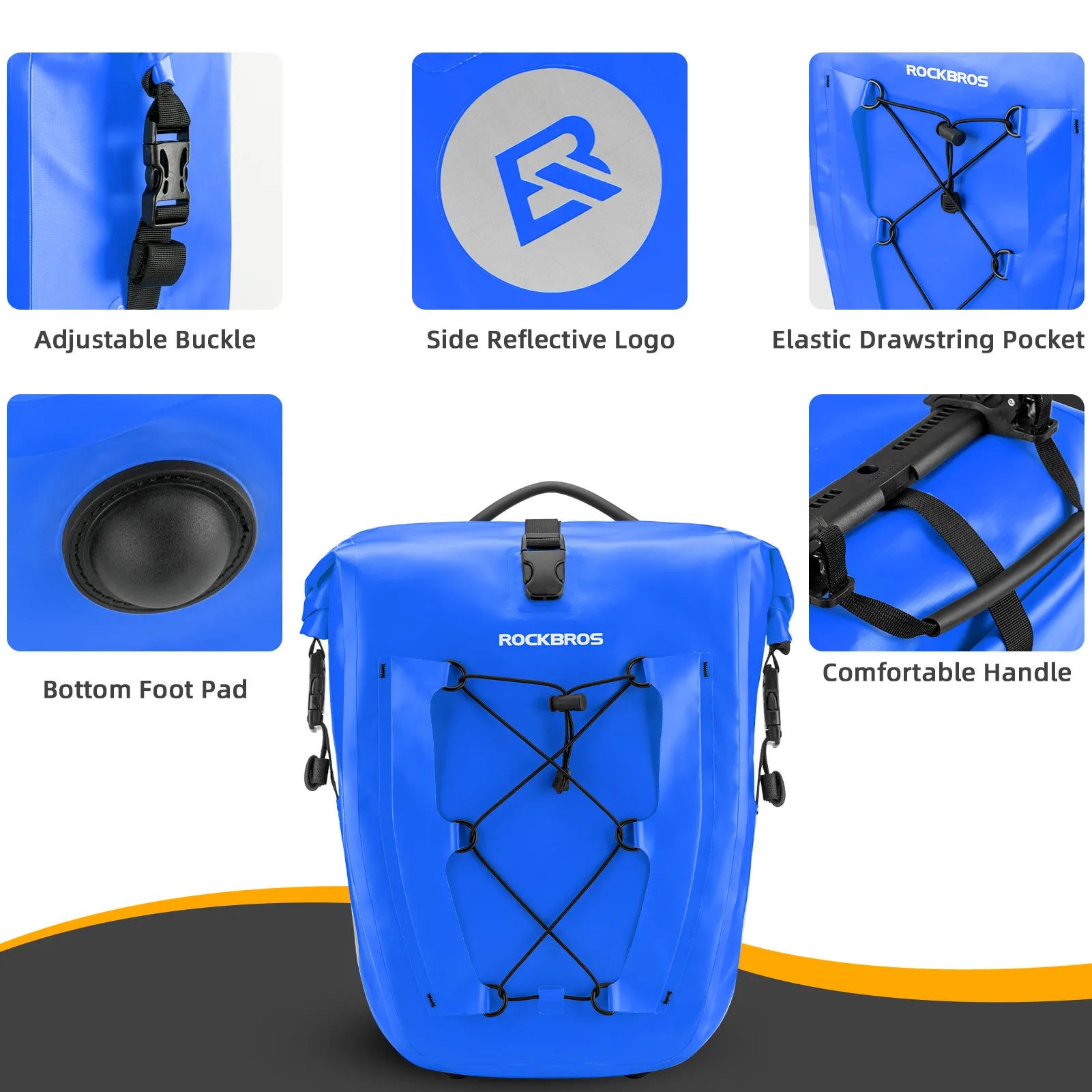 ROCKBROS 25L waterproof bike pannier bag installed on bicycle rear rack for touring and commuting.
#color_blue
