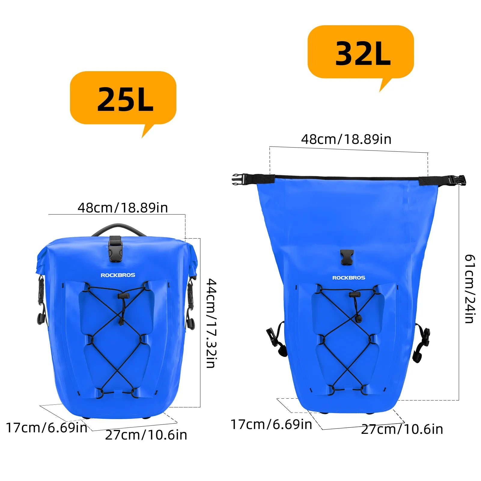 ROCKBROS 25L waterproof bike pannier bag installed on bicycle rear rack for touring and commuting.
#color_blue