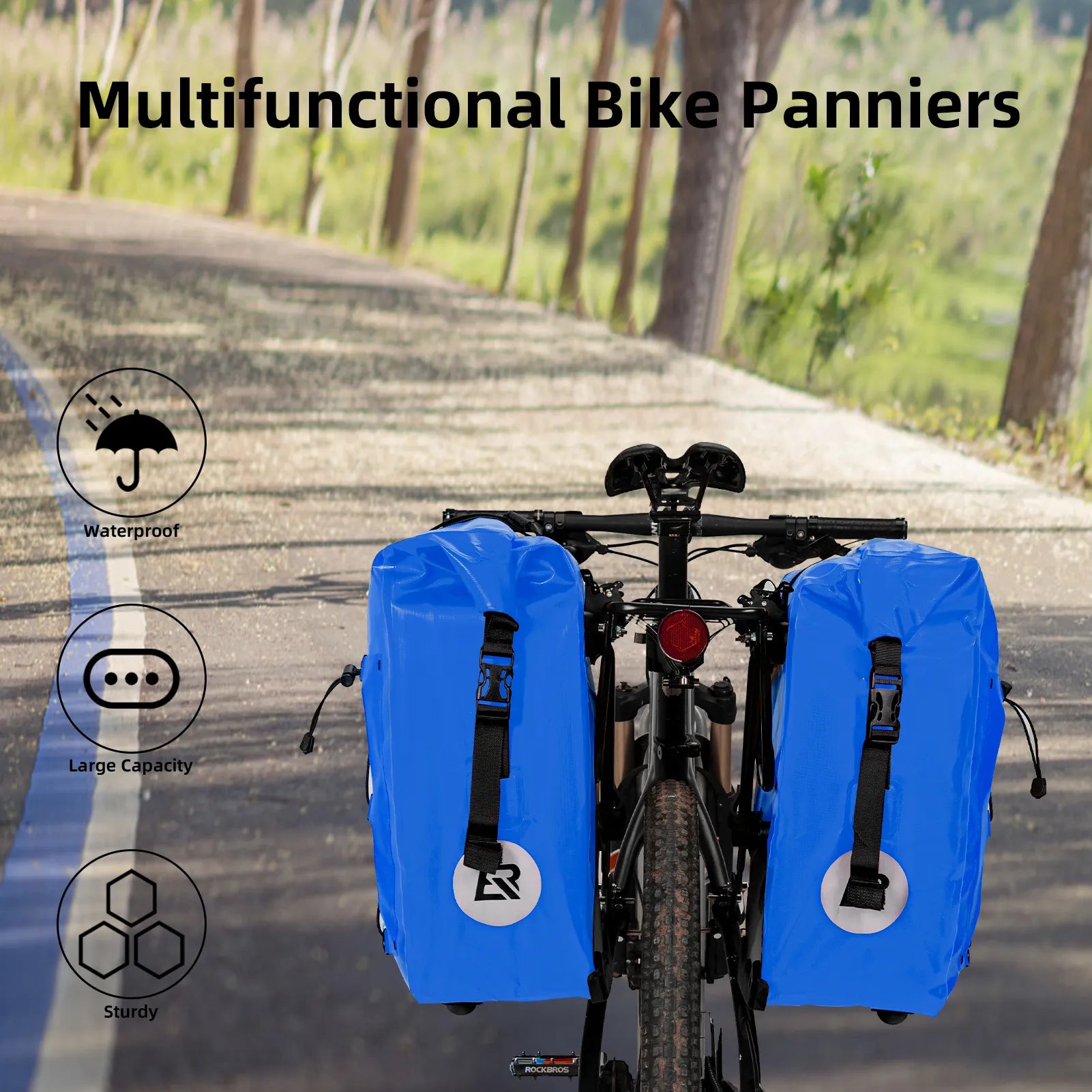 ROCKBROS 25L waterproof bike pannier bag installed on bicycle rear rack for touring and commuting.
#color_blue