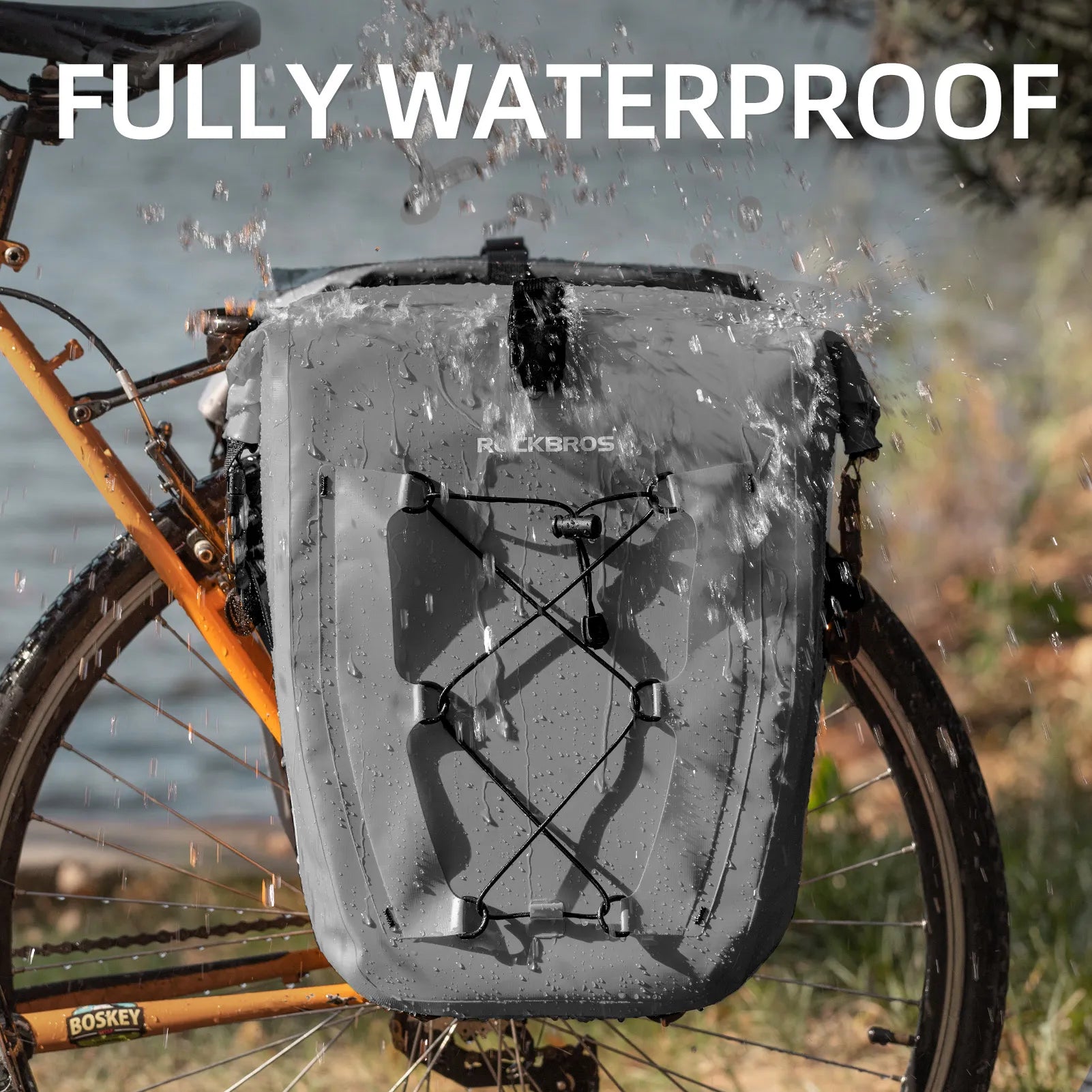ROCKBROS 25L waterproof bike pannier bag installed on bicycle rear rack for touring and commuting.
#color_grey