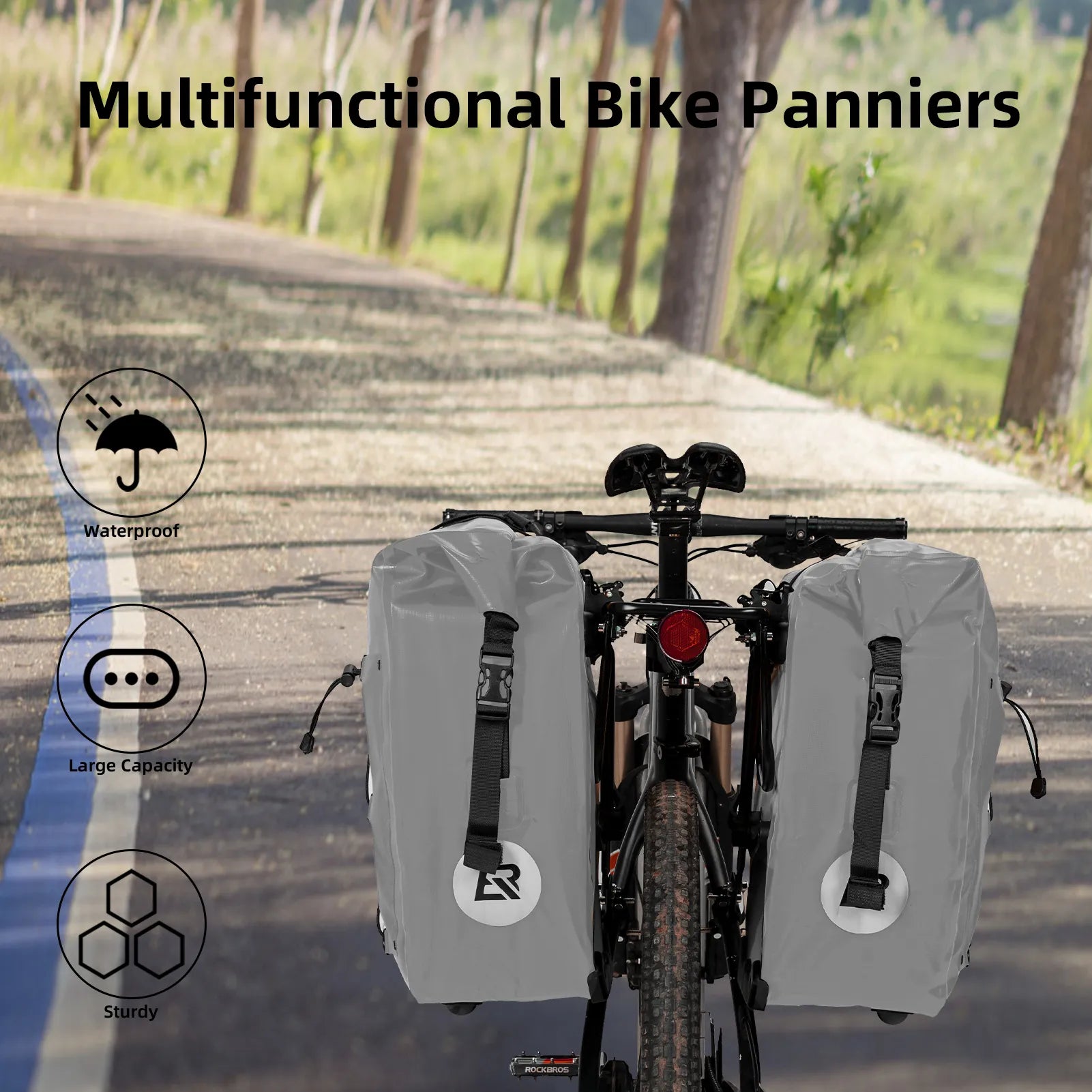 ROCKBROS 25L waterproof bike pannier bag installed on bicycle rear rack for touring and commuting.
#color_grey