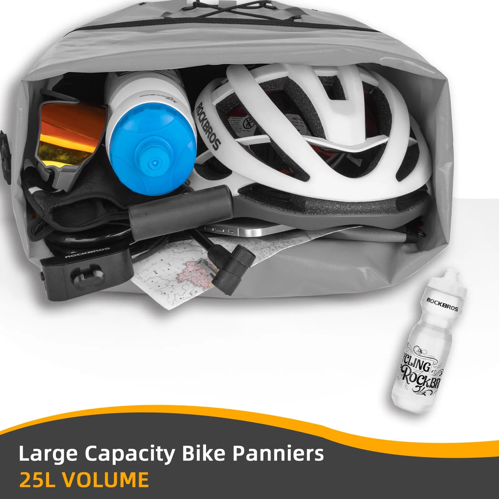 ROCKBROS 25L waterproof bike pannier bag installed on bicycle rear rack for touring and commuting.
#color_grey