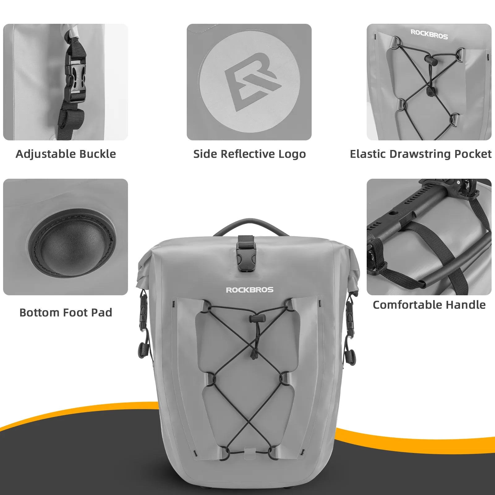 ROCKBROS 25L waterproof bike pannier bag installed on bicycle rear rack for touring and commuting.
#color_grey