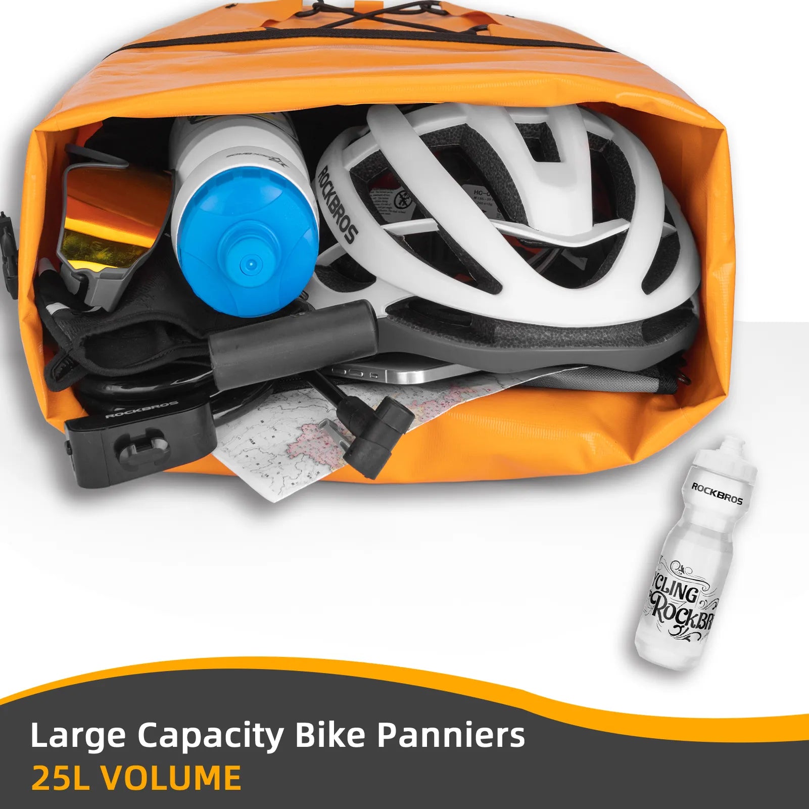 ROCKBROS 25L waterproof bike pannier bag installed on bicycle rear rack for touring and commuting.
#color_orange