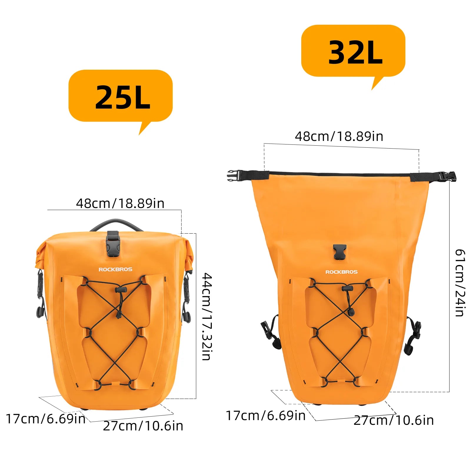 ROCKBROS 25L waterproof bike pannier bag installed on bicycle rear rack for touring and commuting.
#color_orange