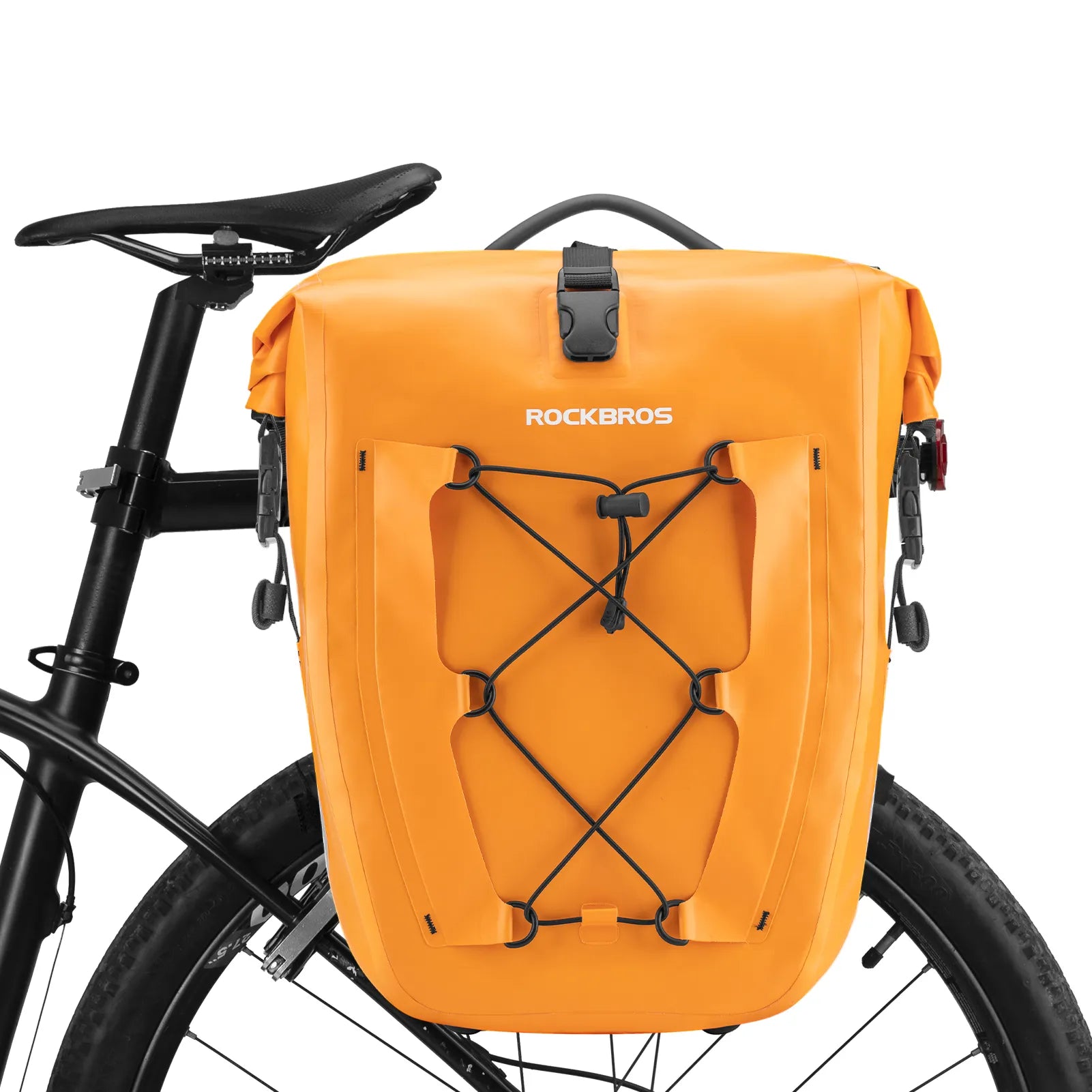 ROCKBROS 25L waterproof bike pannier bag installed on bicycle rear rack for touring and commuting.
#color_orange