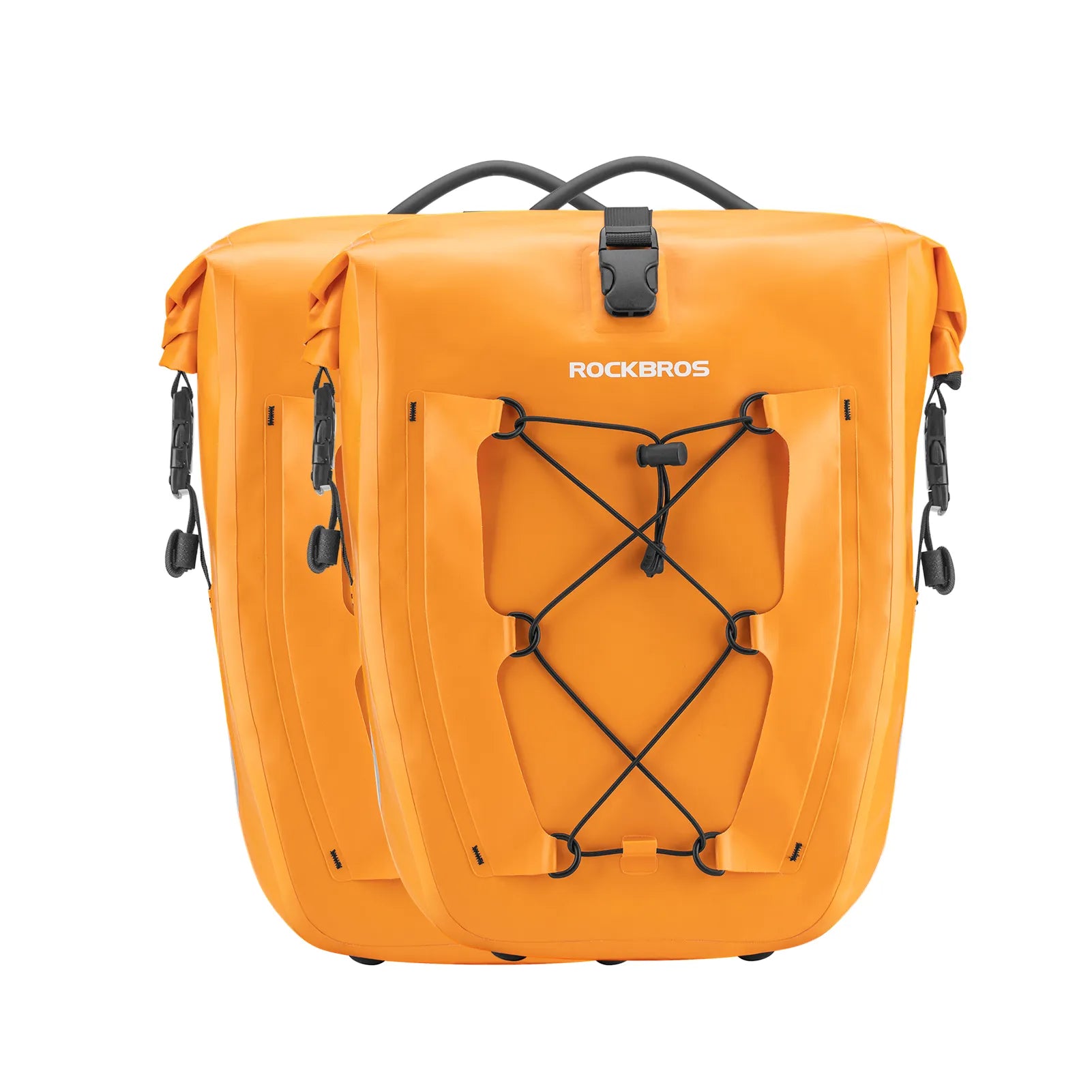 ROCKBROS 25L waterproof bike pannier bag installed on bicycle rear rack for touring and commuting.
#color_orange