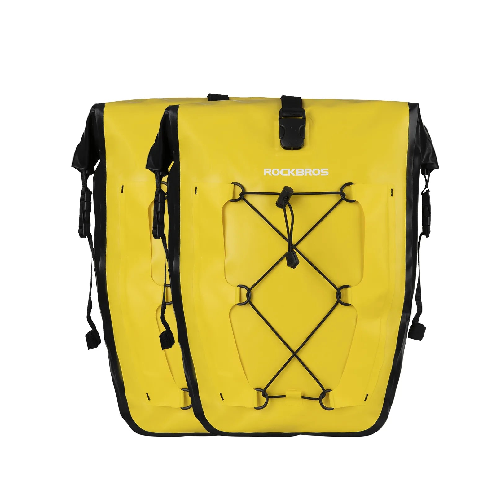 ROCKBROS 25L waterproof bike pannier bag installed on bicycle rear rack for touring and commuting.
#color_yellow
