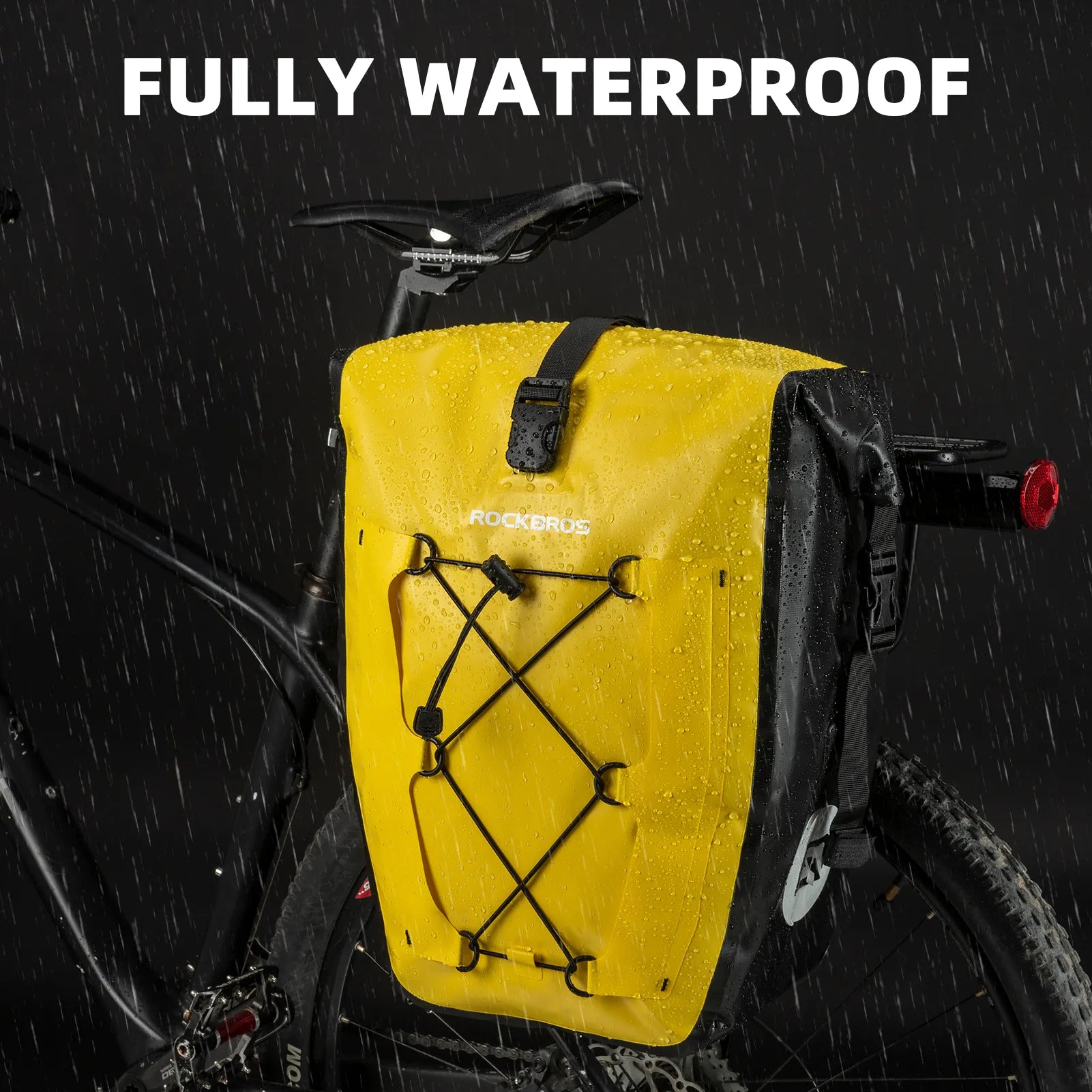 ROCKBROS 25L waterproof bike pannier bag installed on bicycle rear rack for touring and commuting.
#color_yellow