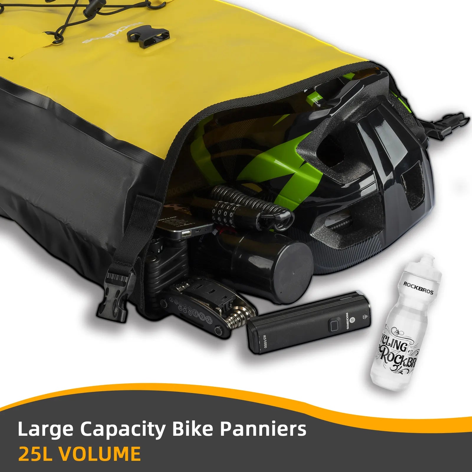 ROCKBROS 25L waterproof bike pannier bag installed on bicycle rear rack for touring and commuting.
#color_yellow