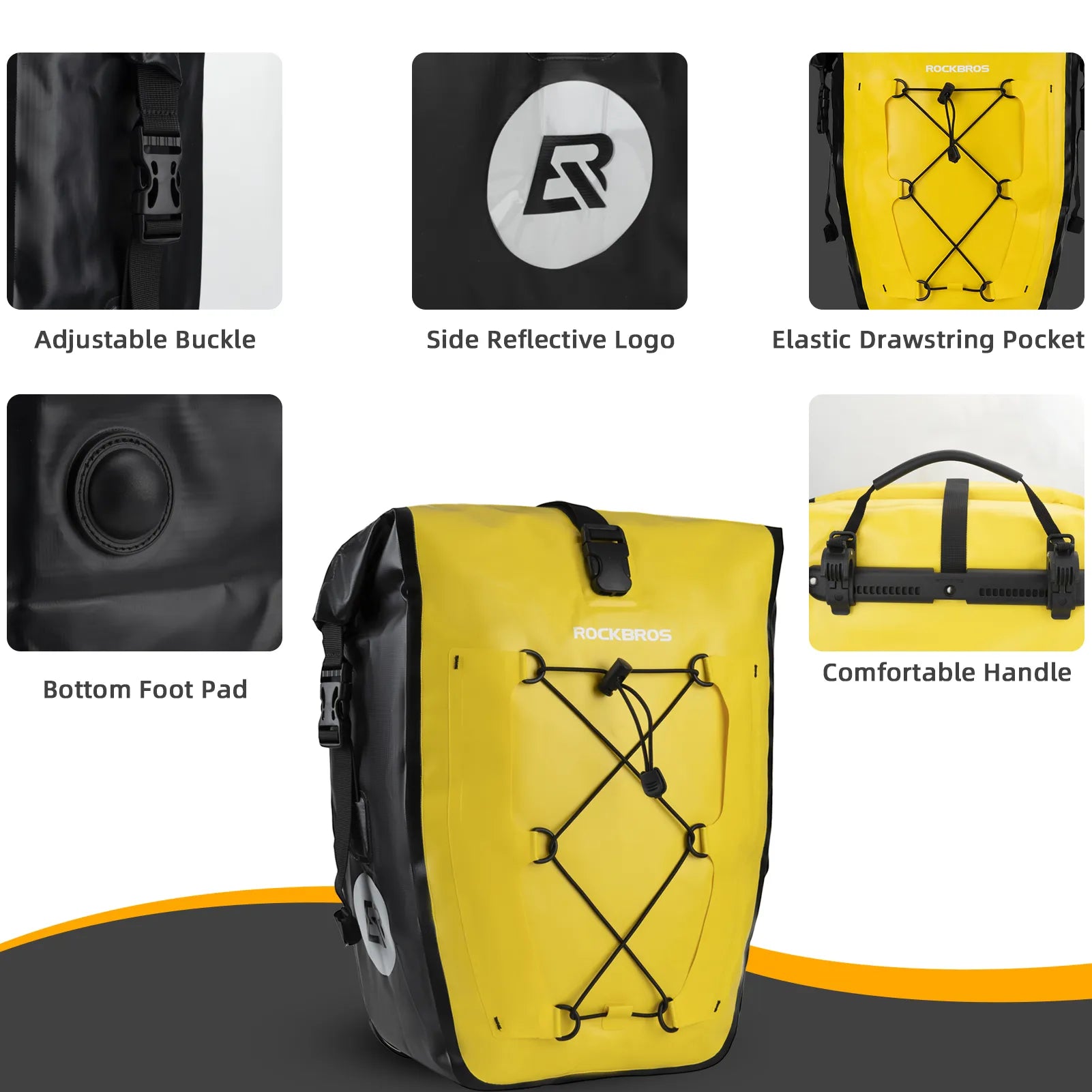 ROCKBROS 25L waterproof bike pannier bag installed on bicycle rear rack for touring and commuting.
#color_yellow