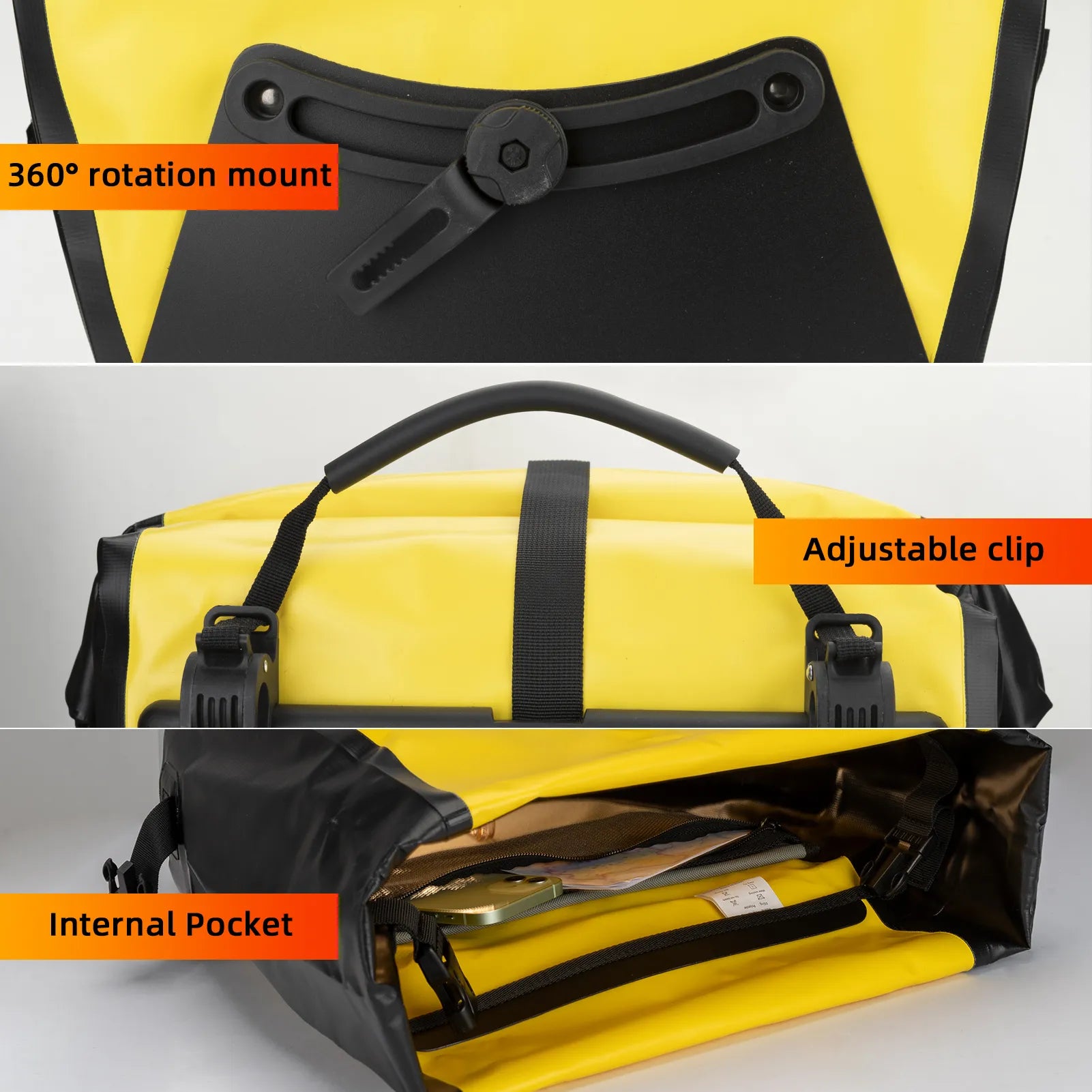 ROCKBROS 25L waterproof bike pannier bag installed on bicycle rear rack for touring and commuting.
#color_yellow