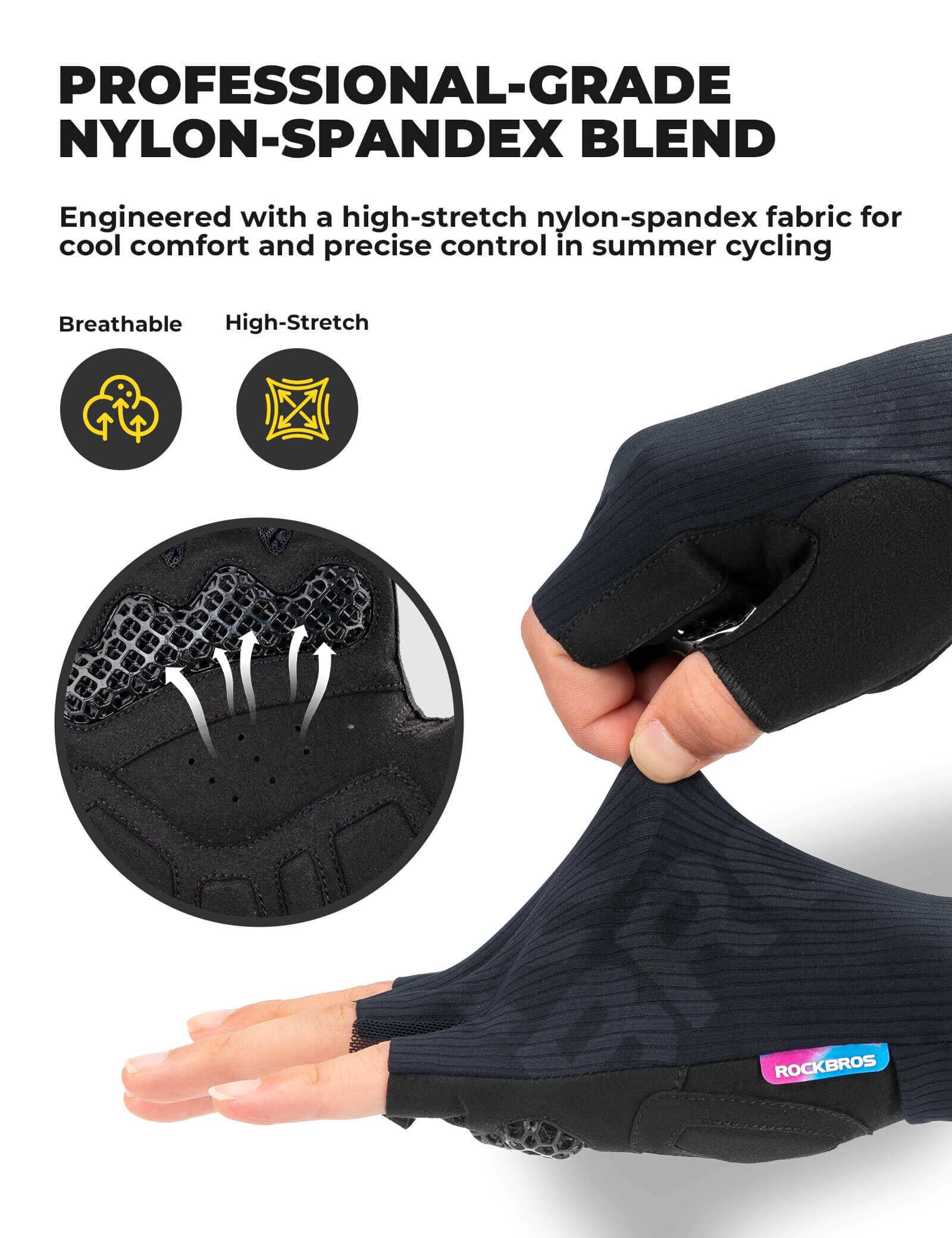 ROCKBROS 3D padded half finger cycling gloves for summer riding.
#color_black