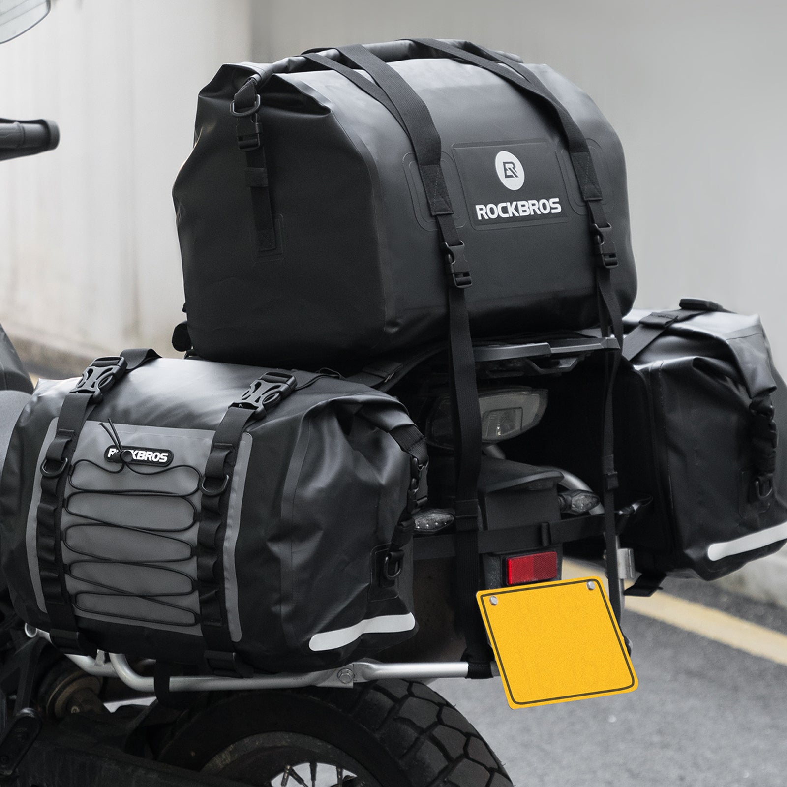 ROCKBROS 40L waterproof motorcycle rear tail bag mounted on a motorcycle tail rack