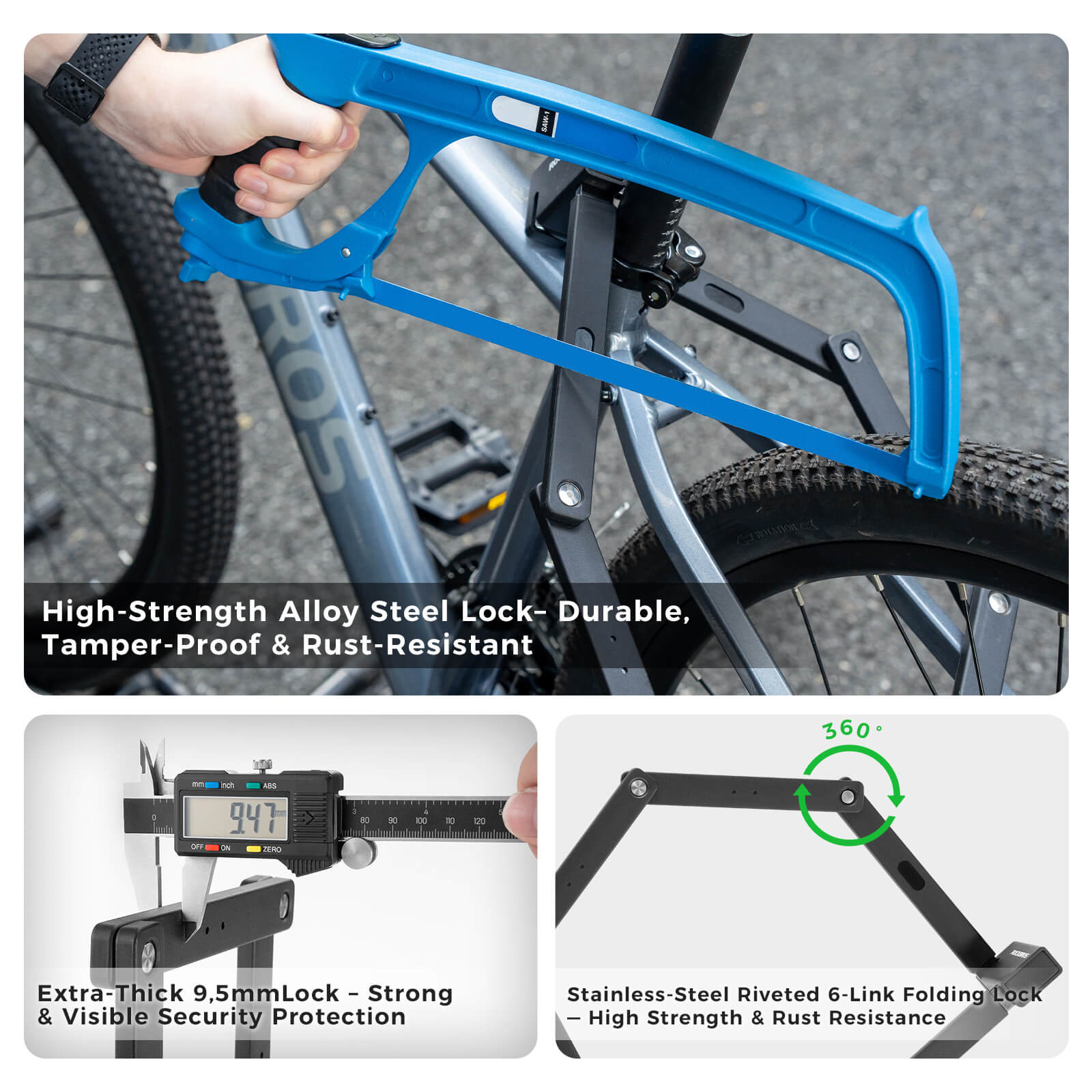 ROCKBROS 6-section foldable bike lock ART 3 certified for urban cycling.