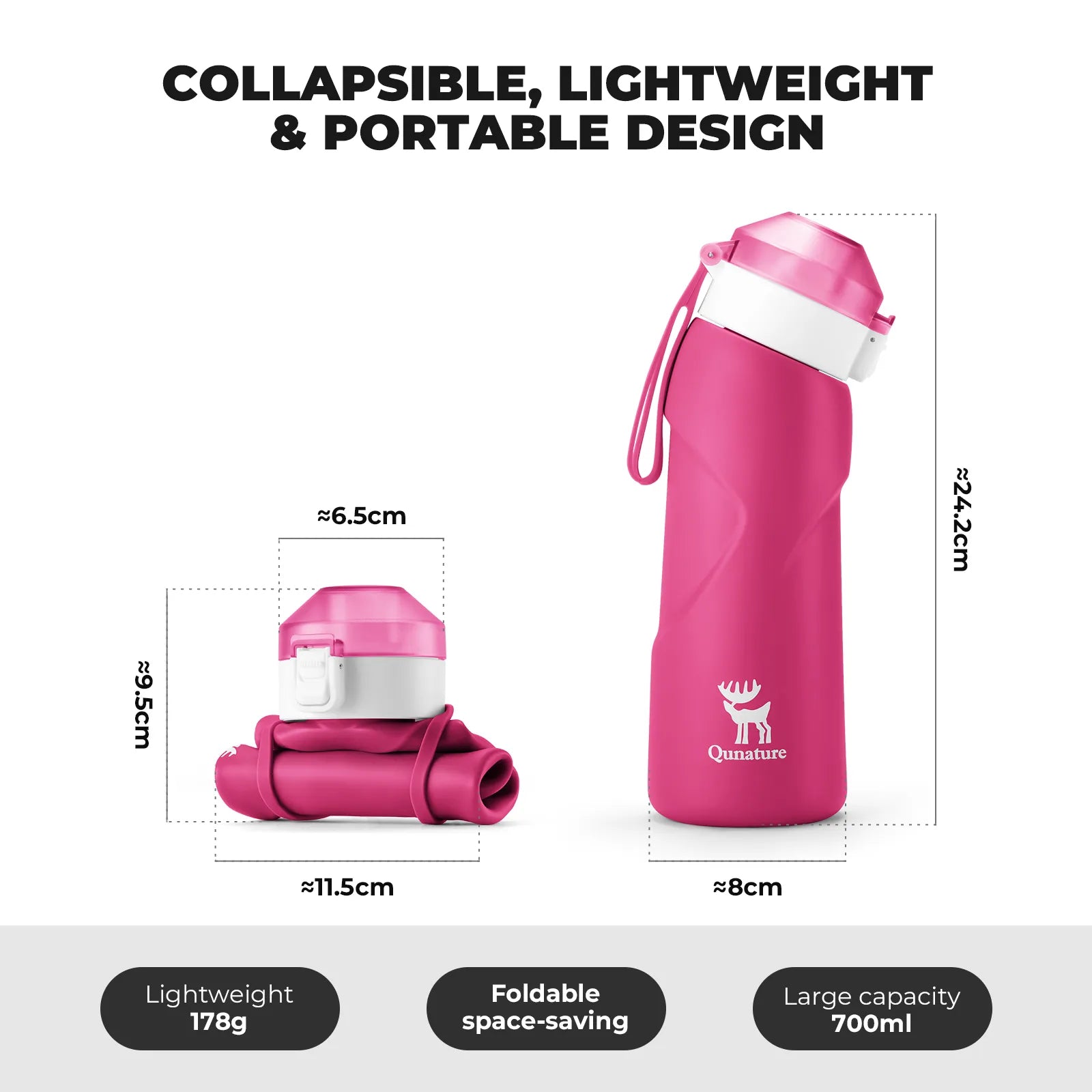 ROCKBROS 700ml BPA-free collapsible silicone water bottle for daily hydration.
#color_pink