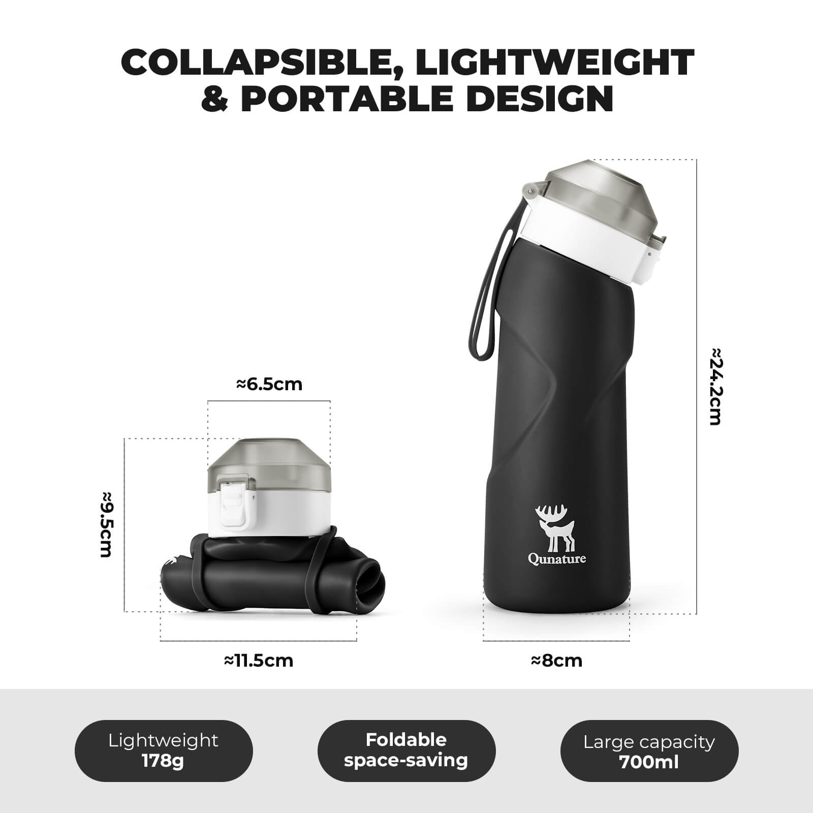 ROCKBROS 700ml BPA-free collapsible silicone water bottle for daily hydration.
#color_black