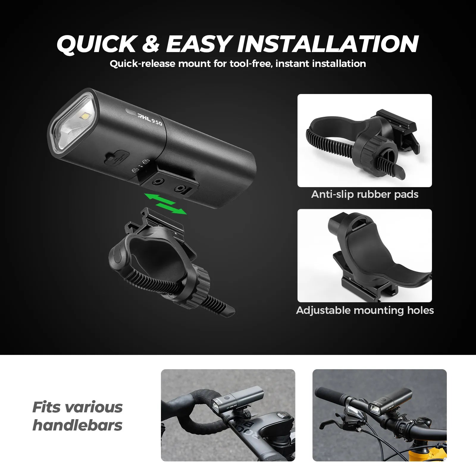 Rockbros 950 lumens rechargeable bicycle front light for safe night riding