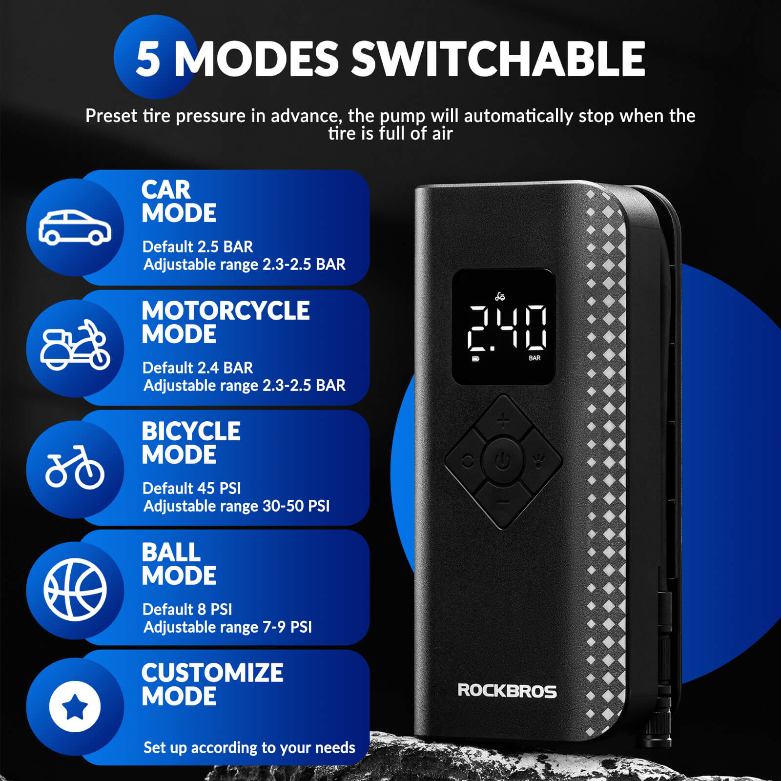 Rockbros A13 150PSI electric bike pump for fast road bike tire inflation