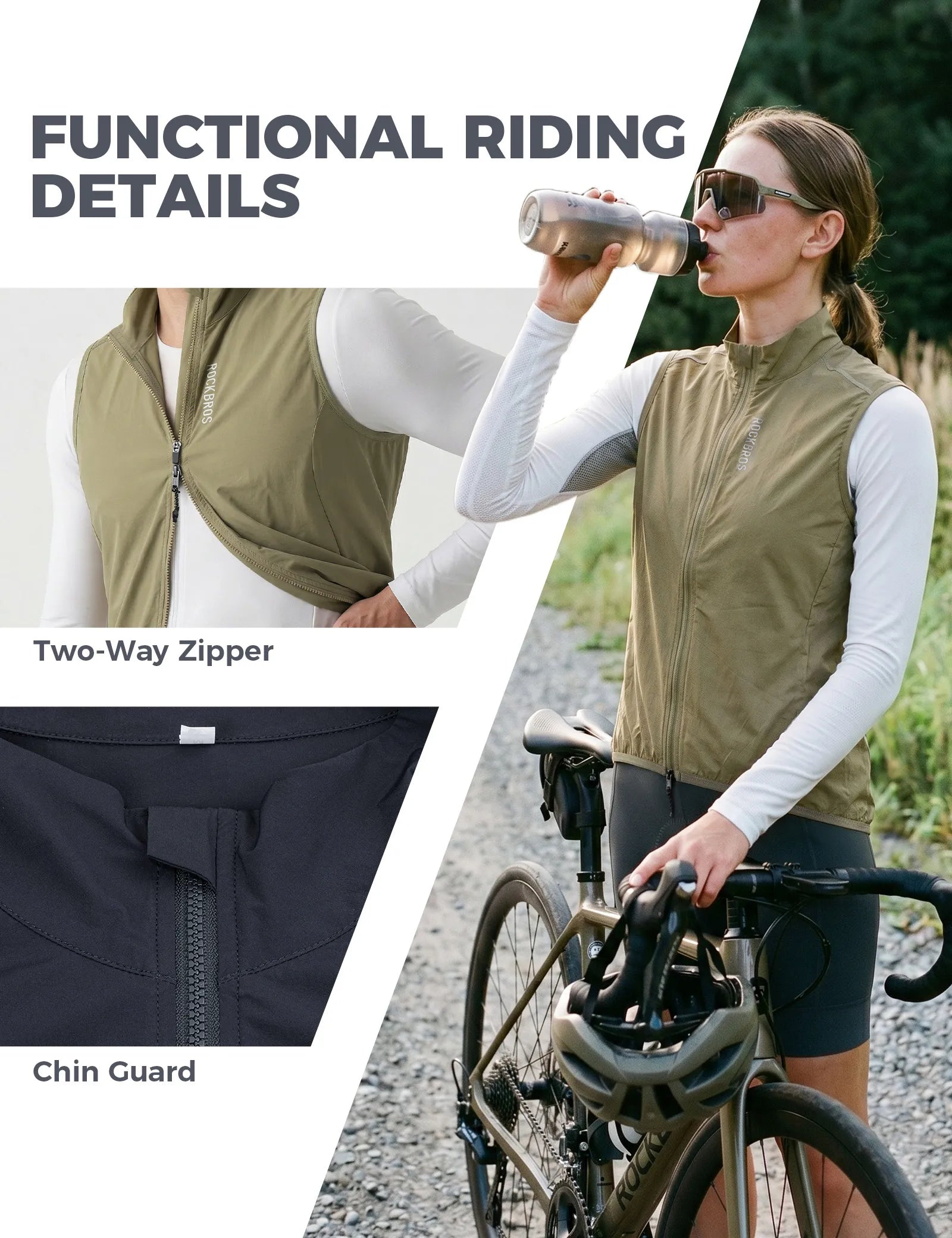 Rockbros AeroLite windproof cycling vest in black, unisex breathable sleeveless bike gilet front view.
#color_blue