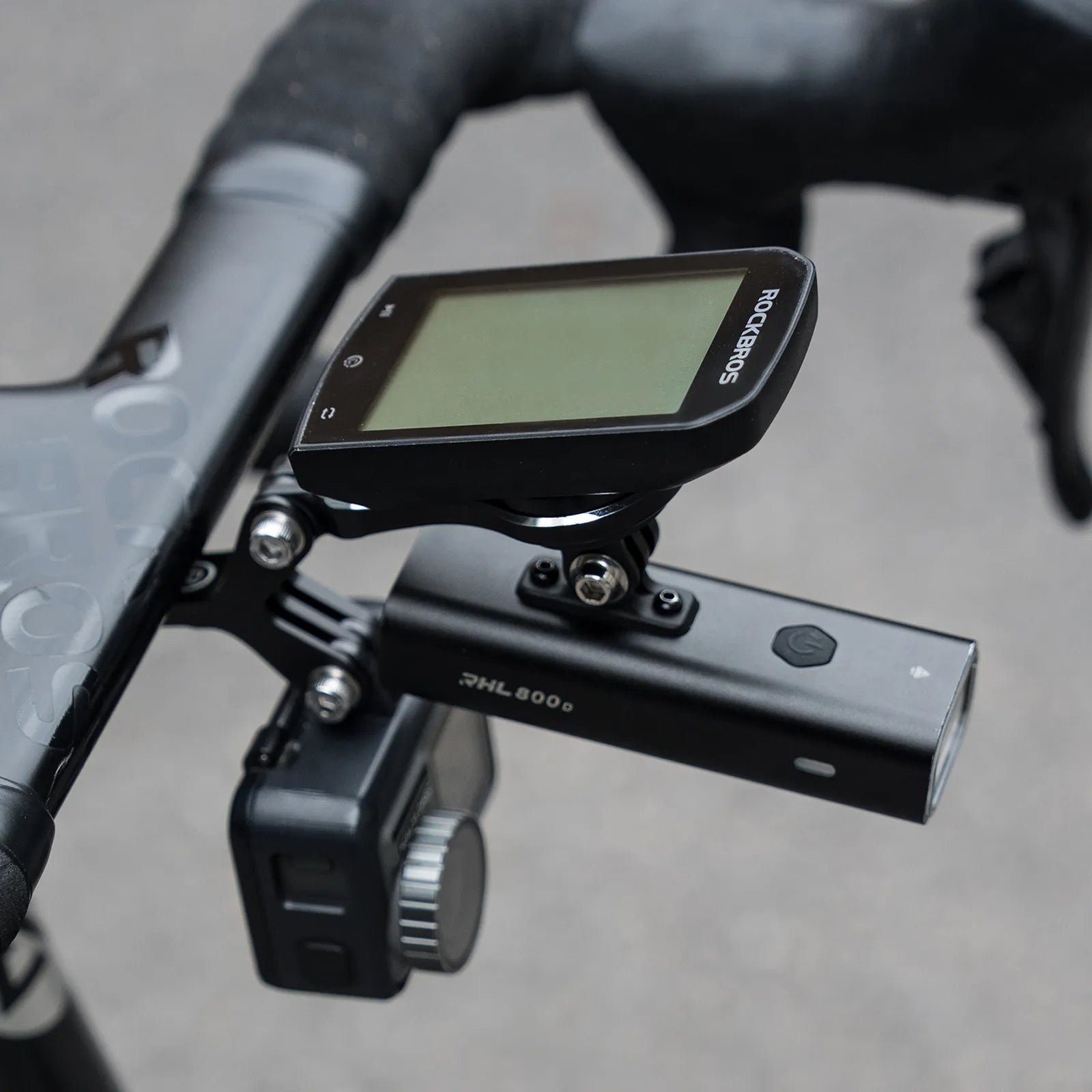 Rockbros aluminium bike computer mount with integrated action camera extension bracket, front view