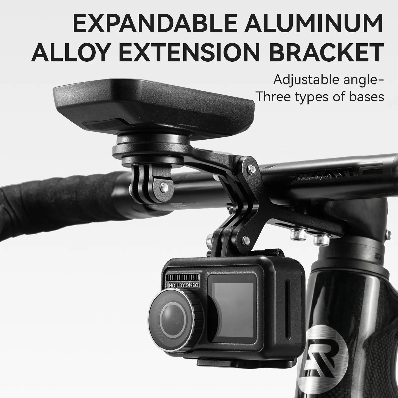 Rockbros aluminium bike computer mount with integrated action camera extension bracket, front view