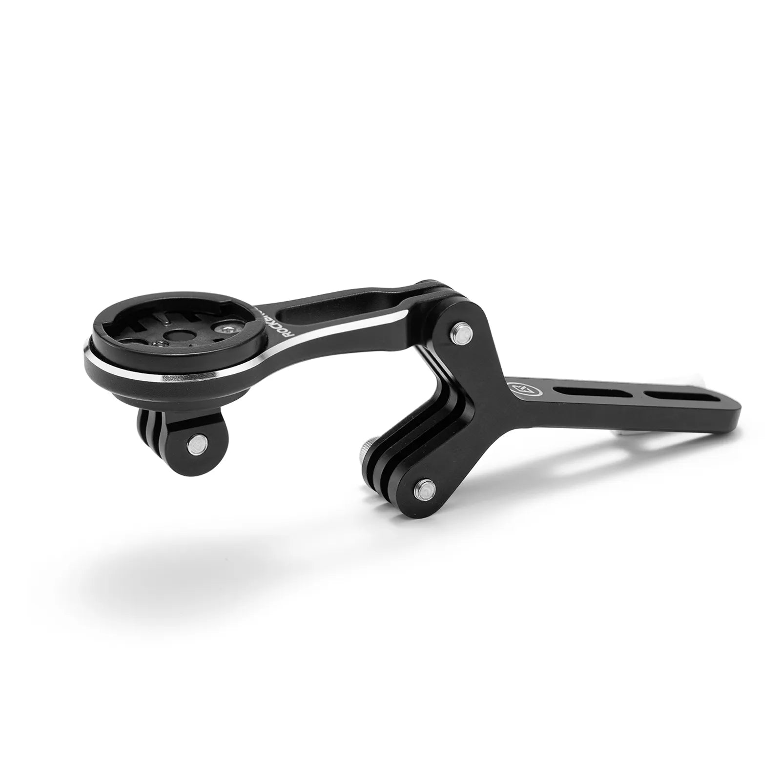 Rockbros aluminium bike computer mount with integrated action camera extension bracket, front view