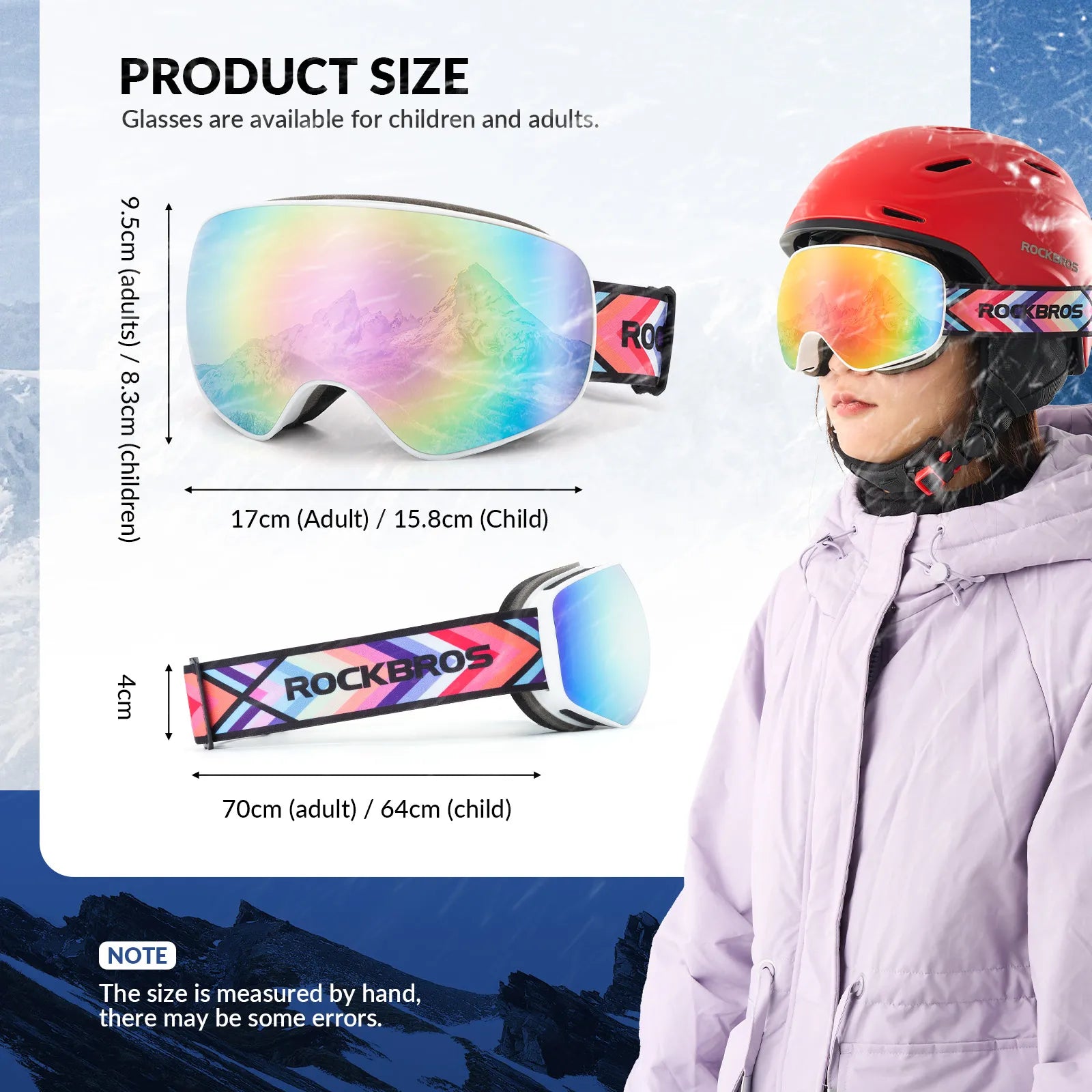 Rockbros family edition anti-fog ski goggles with double lens for adults and kids.
#color_pink