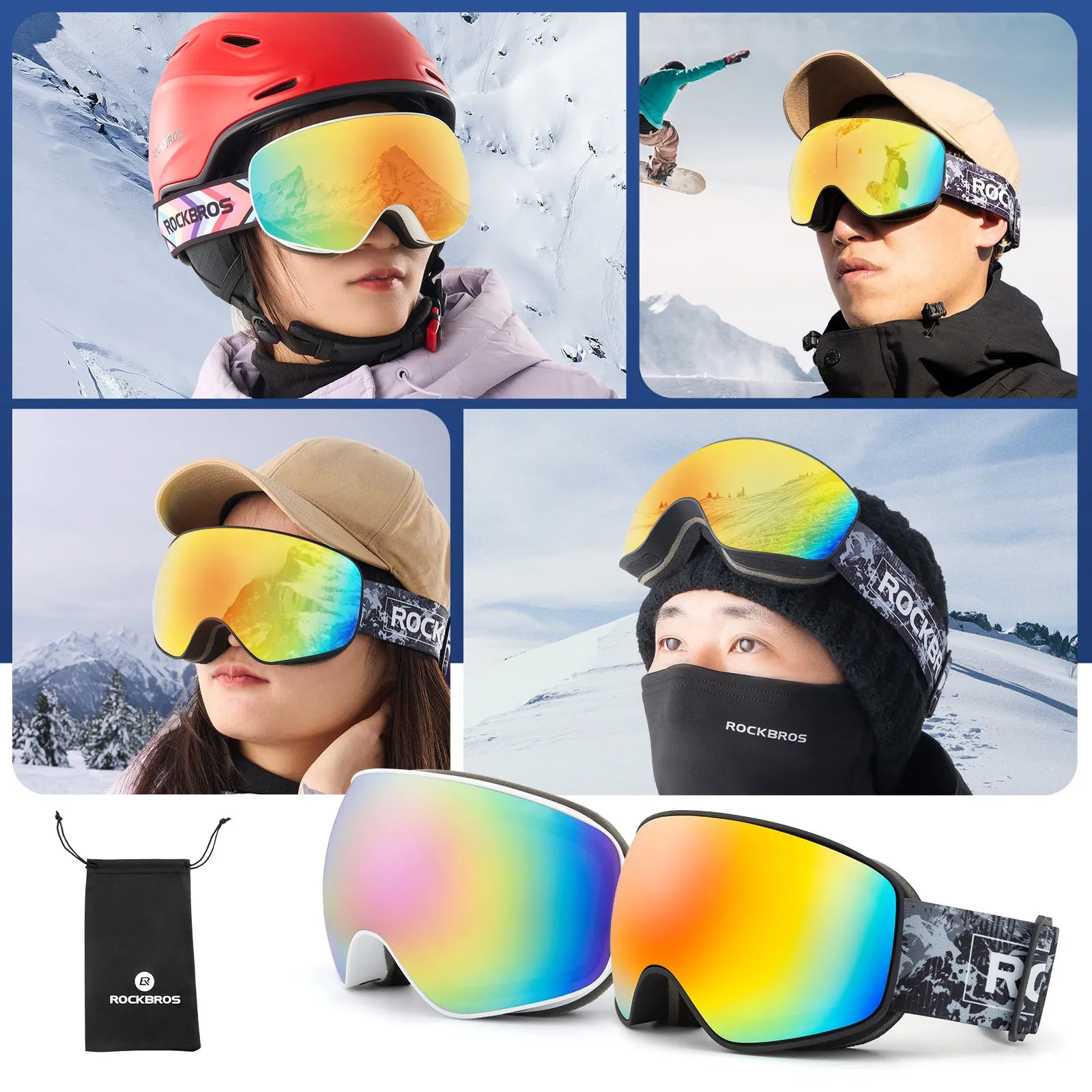 Rockbros family edition anti-fog ski goggles with double lens for adults and kids.
#color_pink