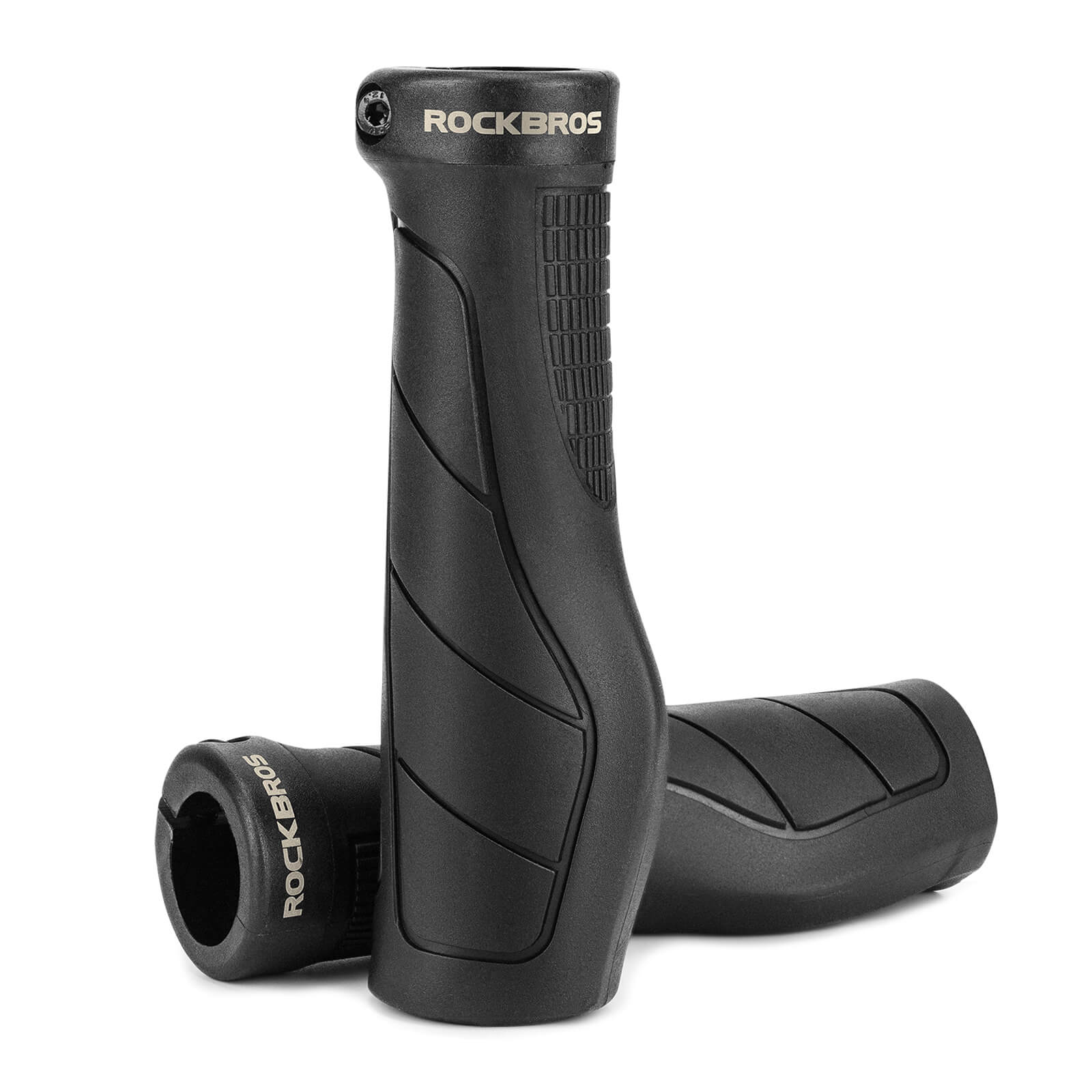Pair of Rockbros anti-shock bicycle grips with ergonomic palm support in black.