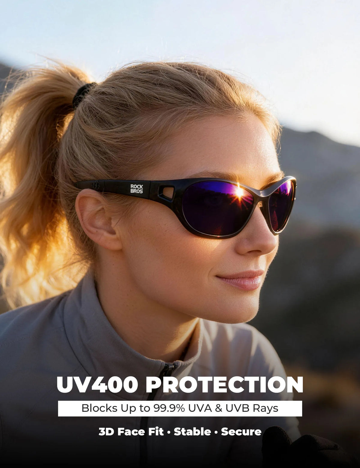 Rockbros Apex Series black polarised sunglasses with REVO mirror lenses.
#colour_purple