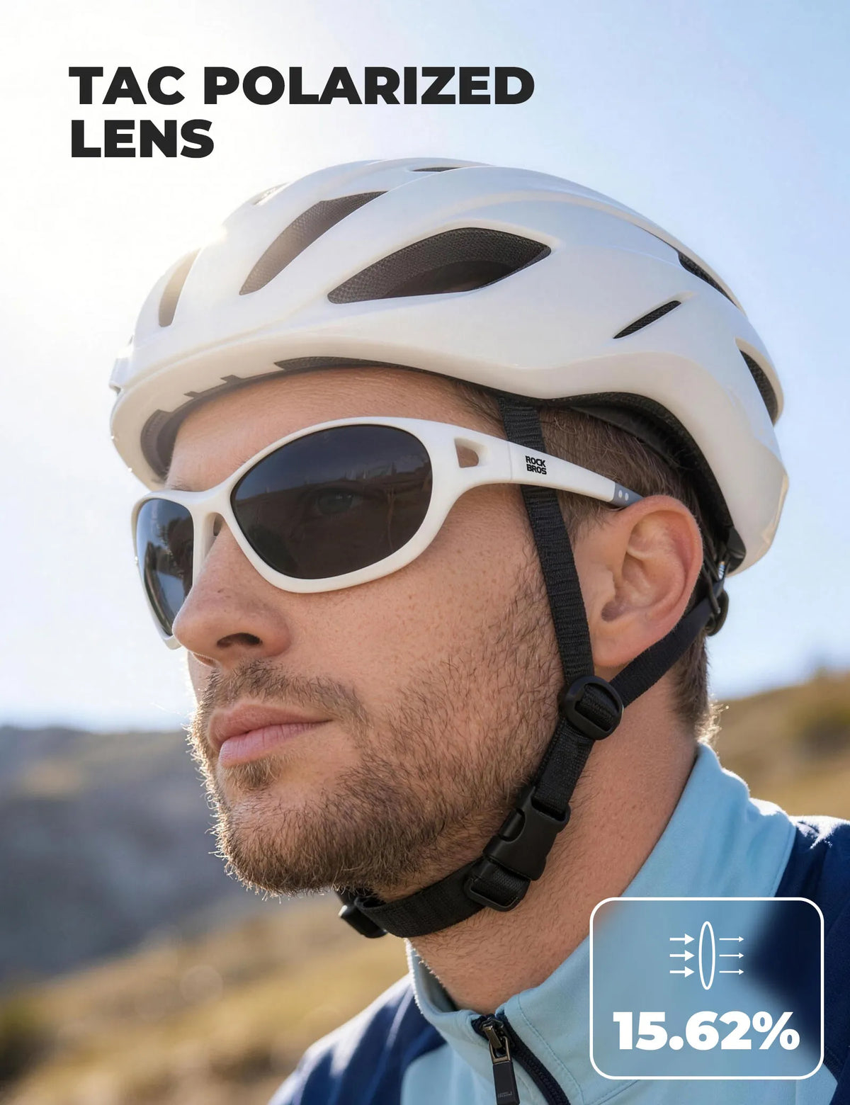 Rockbros Apex Series black polarised sunglasses with REVO mirror lenses.
#colour_white