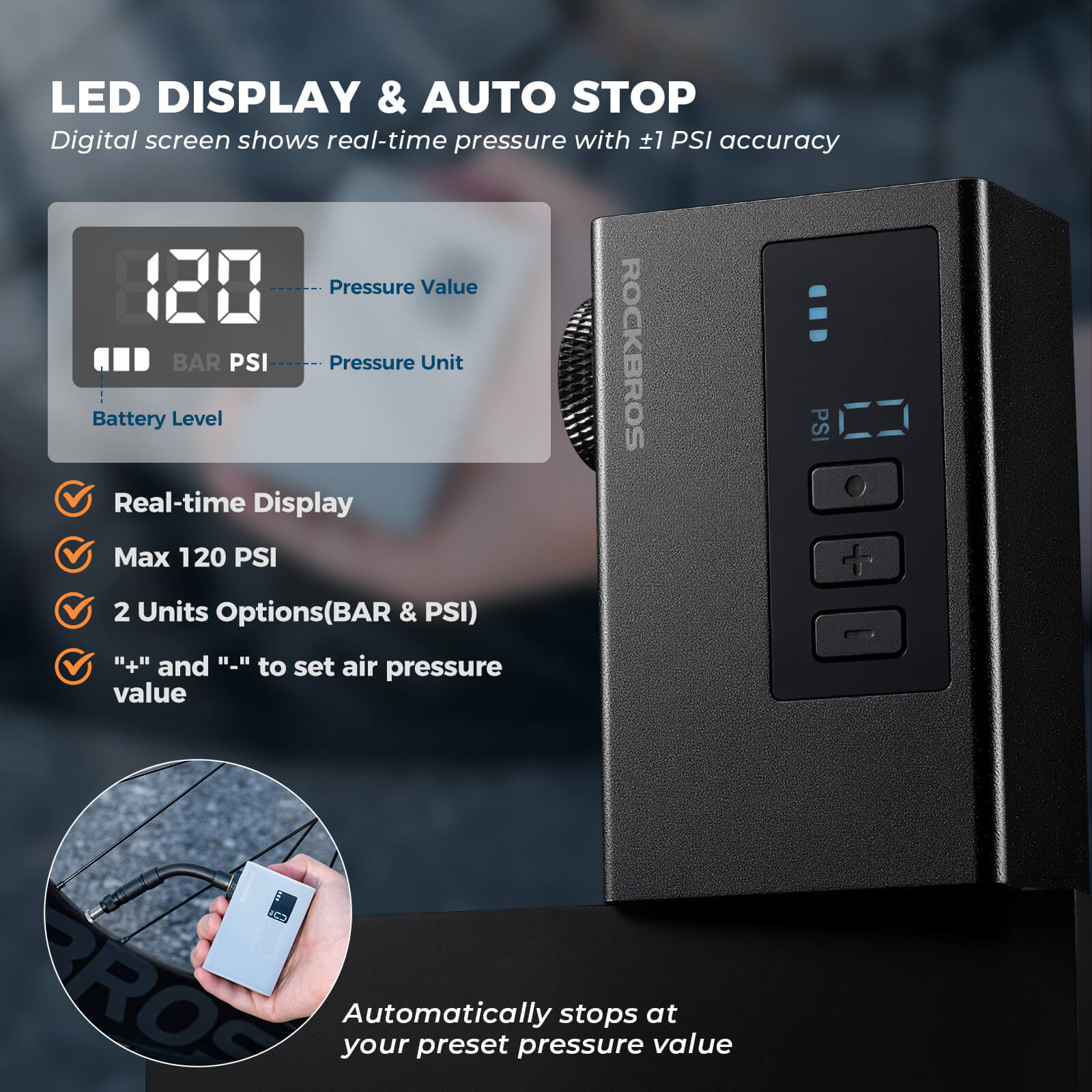 rockbros AS240 air pump compatible with Presta and Schrader valves.