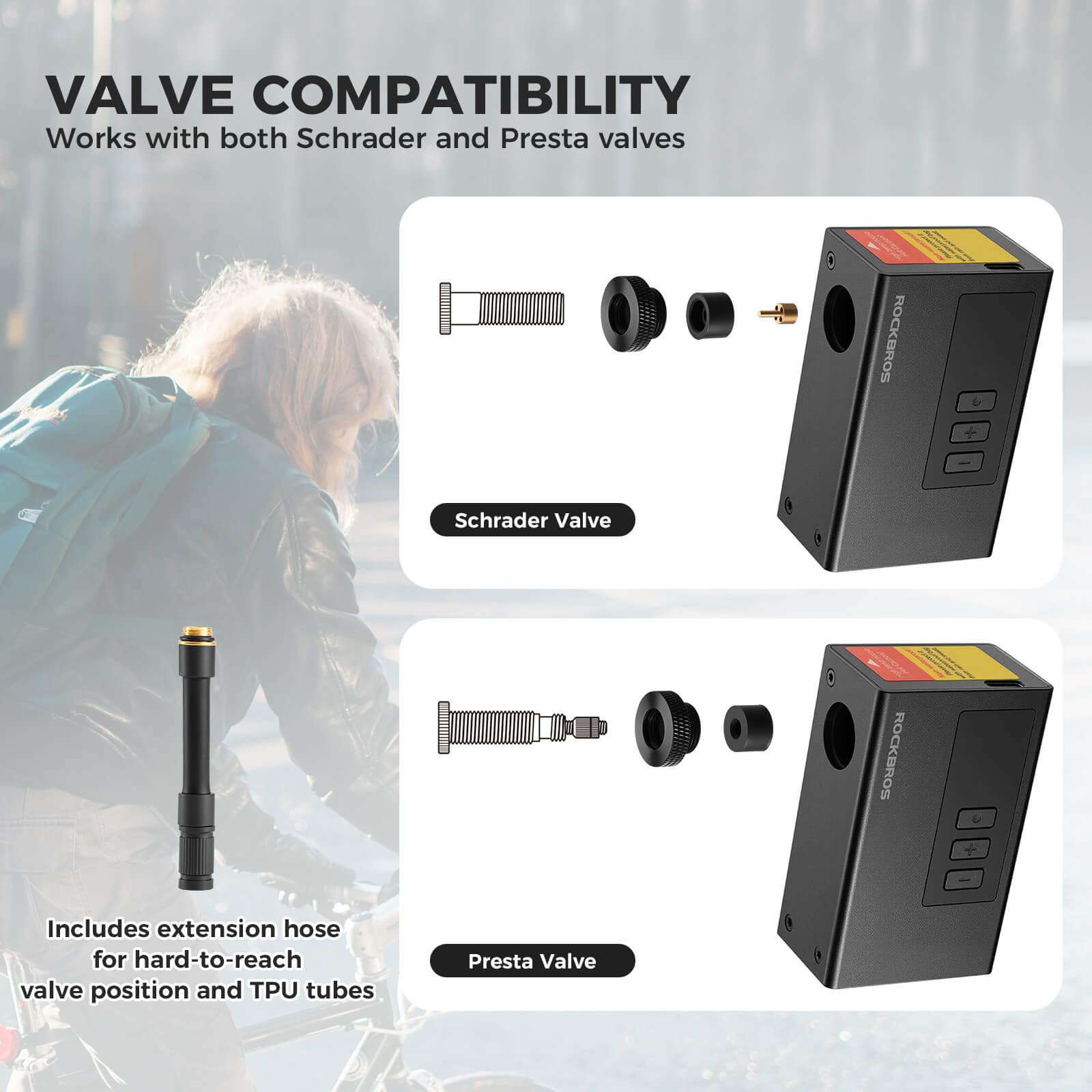 rockbros AS240 air pump compatible with Presta and Schrader valves.