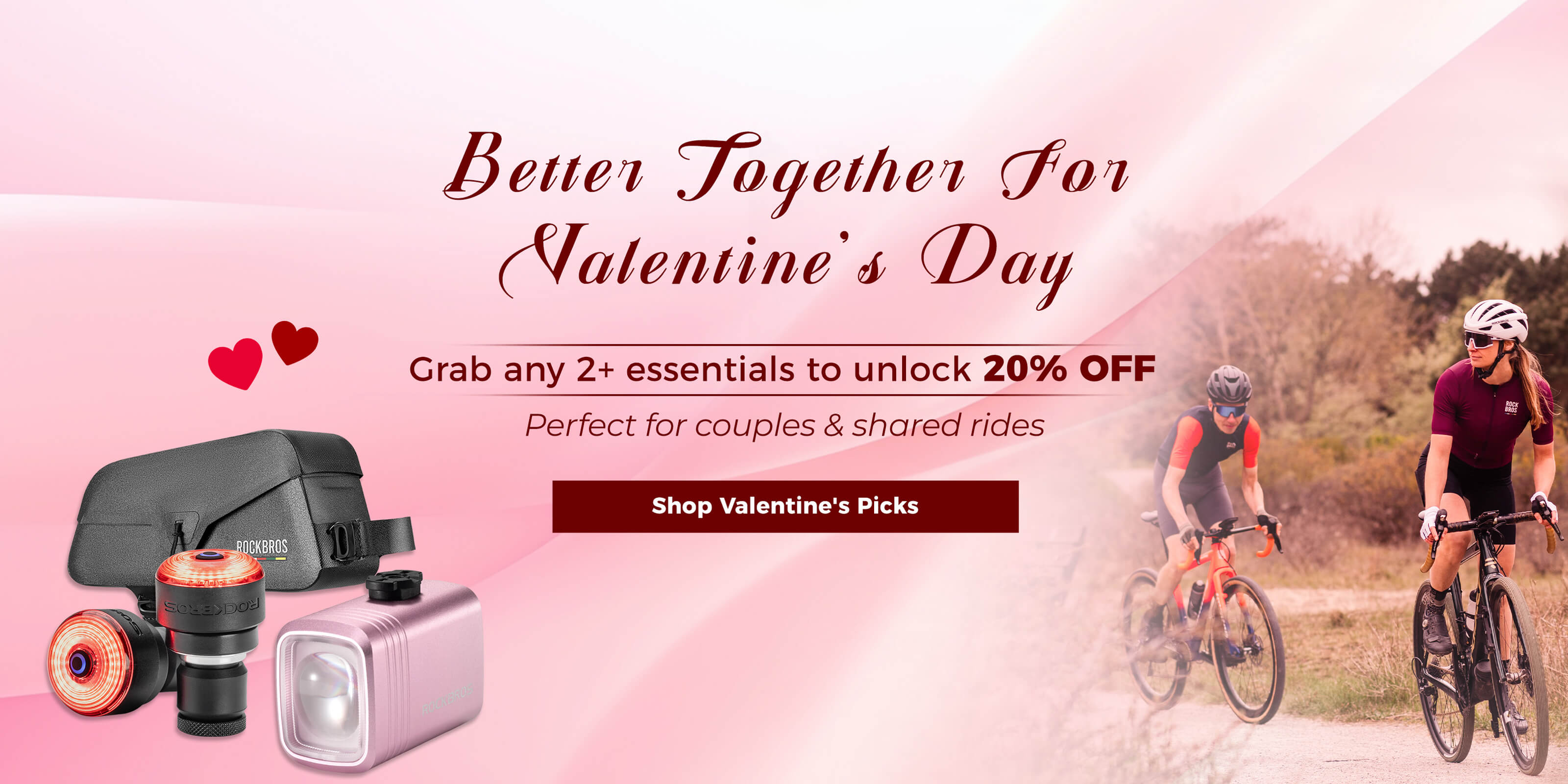 A pair of ROCKBROS waterproof bike bags in matching colors for Valentine's Day 'Buy 2 Save 20%' promotion.