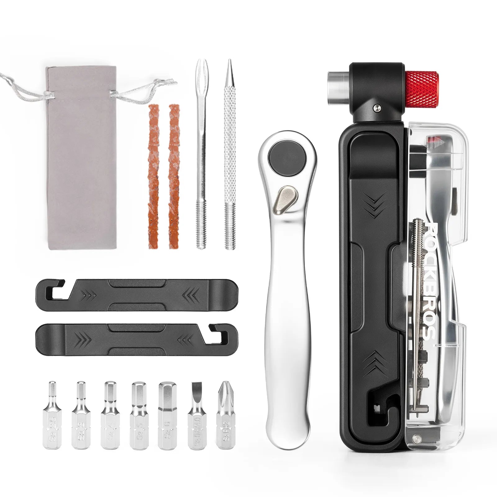 ROCKBROS 15-in-1 compact bike repair tool with replaceable bits.