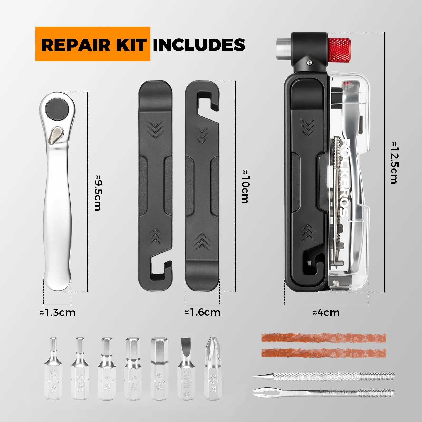ROCKBROS 15-in-1 compact bike repair tool with replaceable bits.