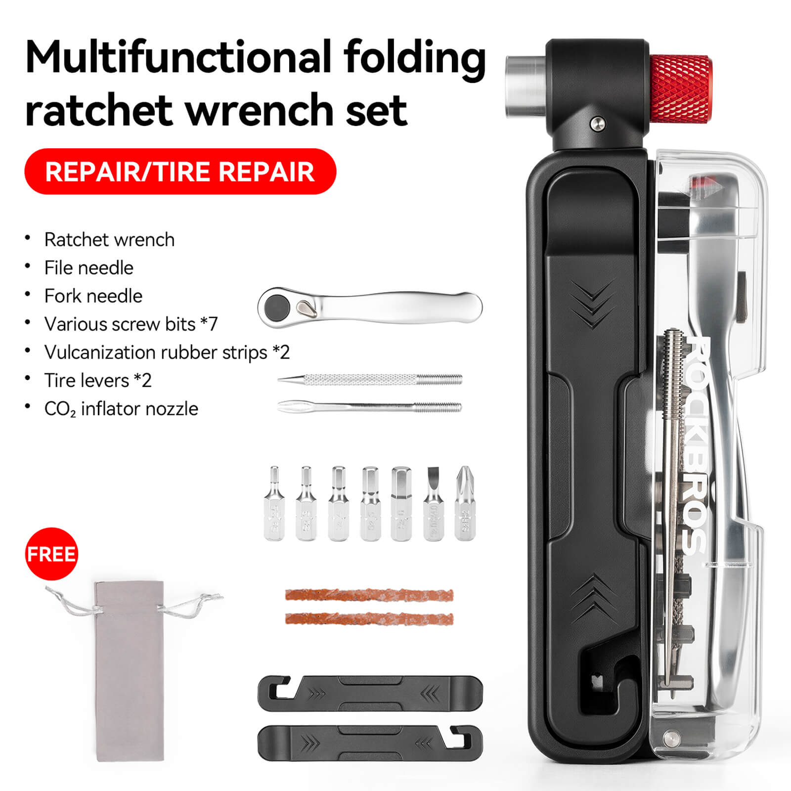 ROCKBROS 15-in-1 compact bike repair tool with replaceable bits.