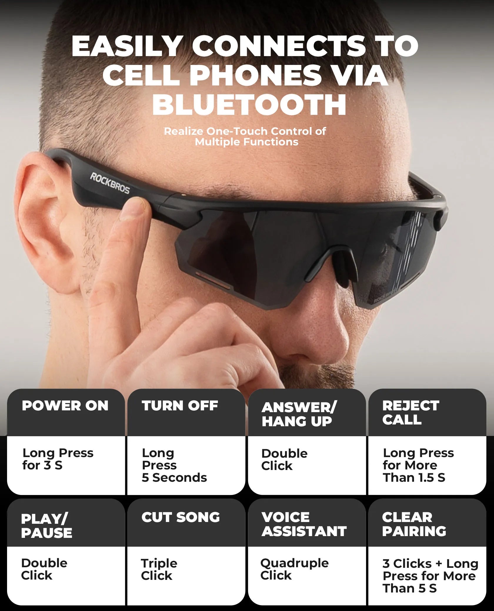 ROCKBROS Bluetooth polarized cycling sunglasses with built-in speakers.
#options_Polarised Red