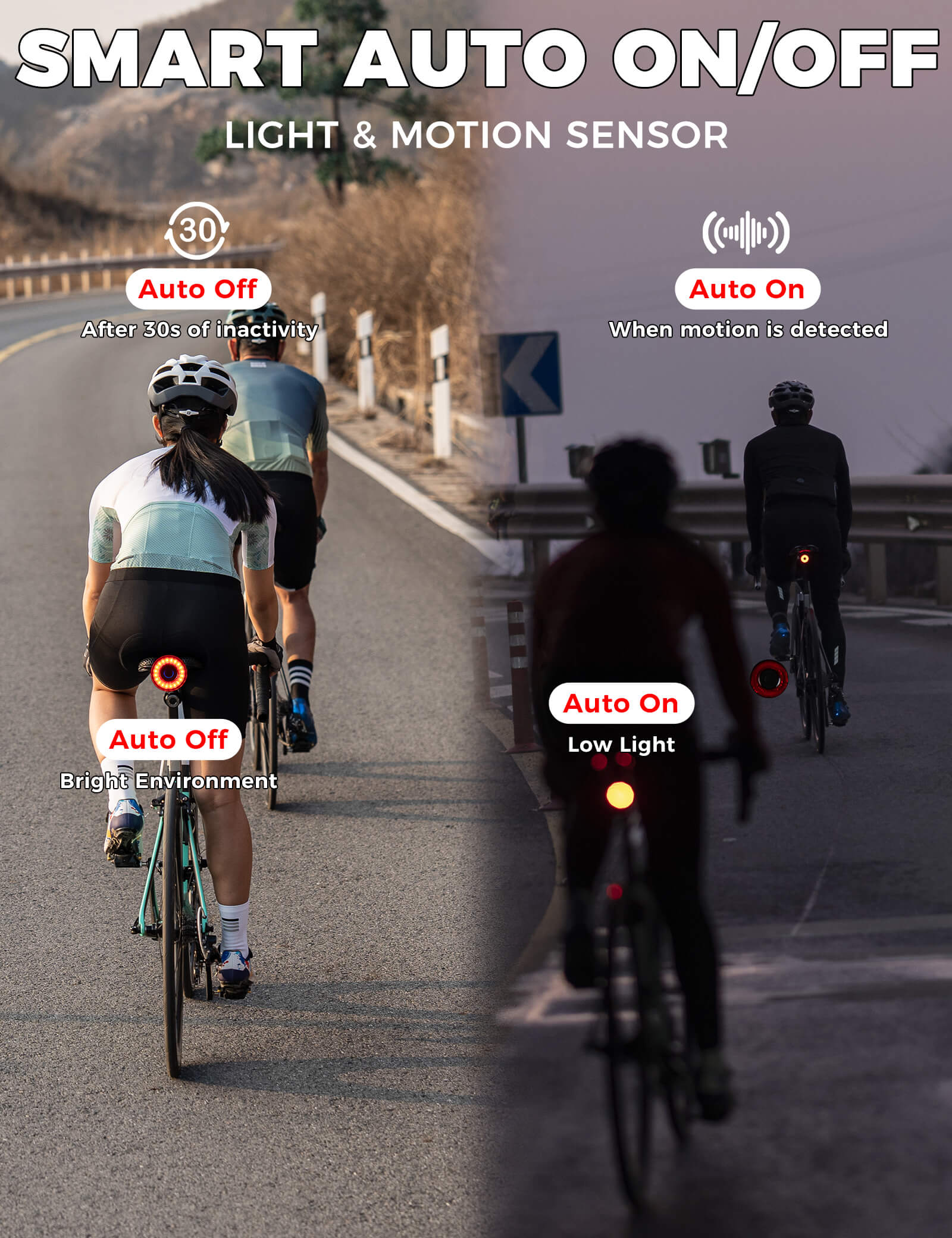 rockbros brake-sensing bike rear light for night cycling safety.