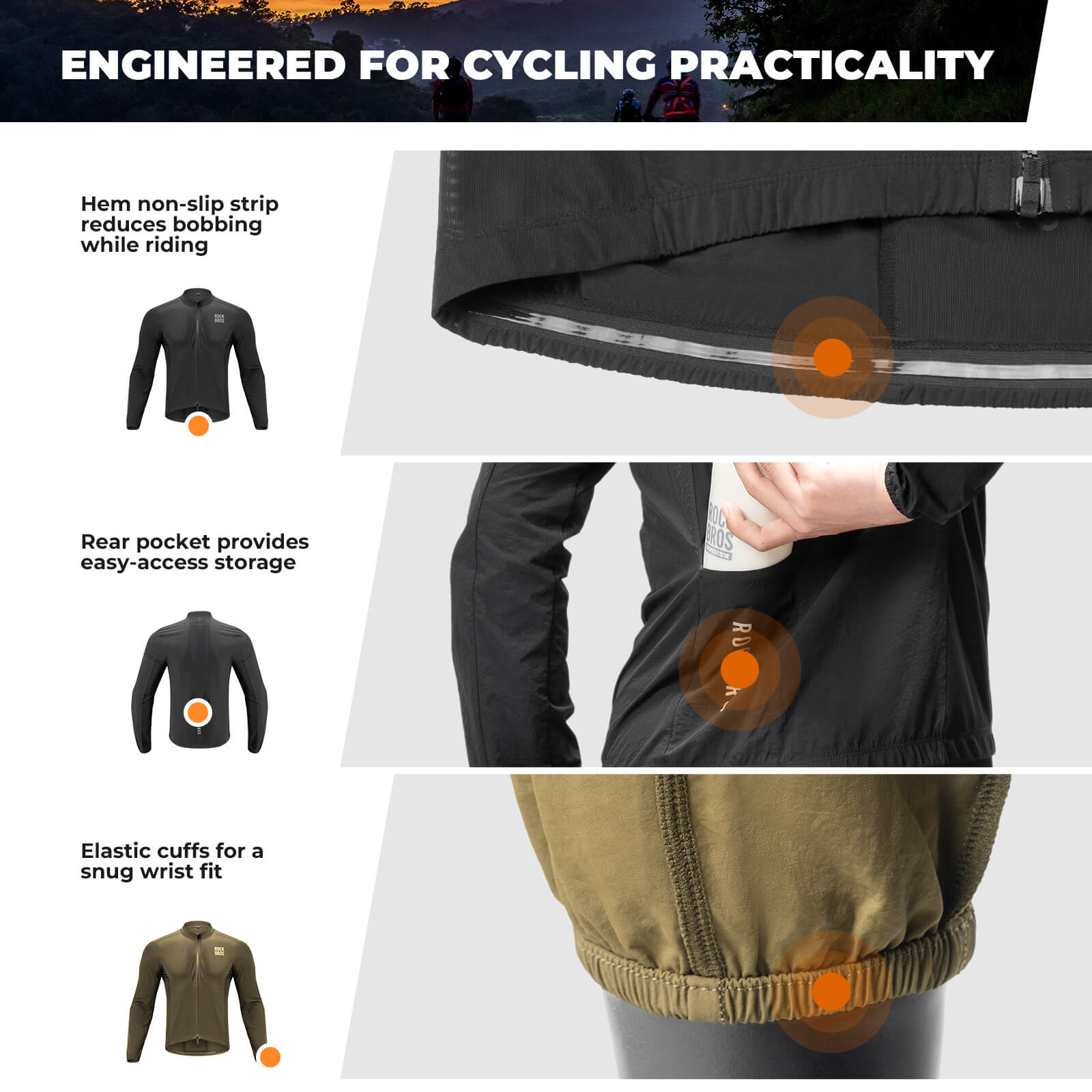 rockbros ultralight windproof cycling jacket for morning road rides.
#color_black