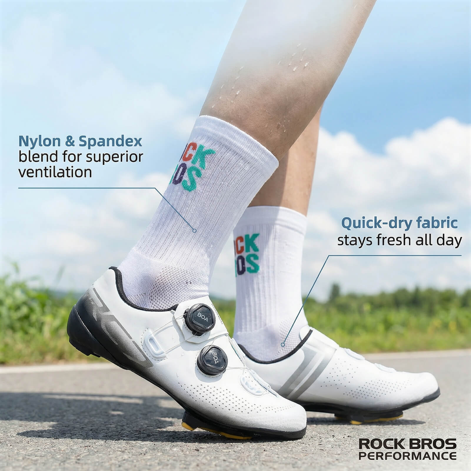 ROCKBROS Breathable Sports Socks featuring a vibrant Color Pop Logo on a clean white background.
#color_white