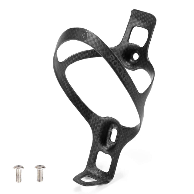 Lightweight ROCKBROS carbon fibre water bottle cages, designed for a secure hold and sleek fit on road and mountain bikes.