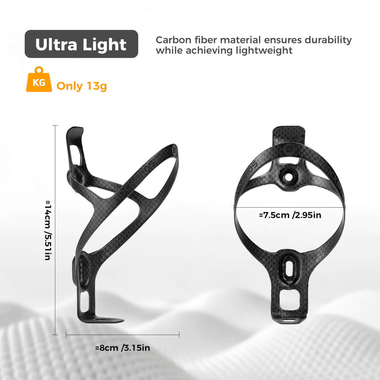 Lightweight ROCKBROS carbon fibre water bottle cages, designed for a secure hold and sleek fit on road and mountain bikes.