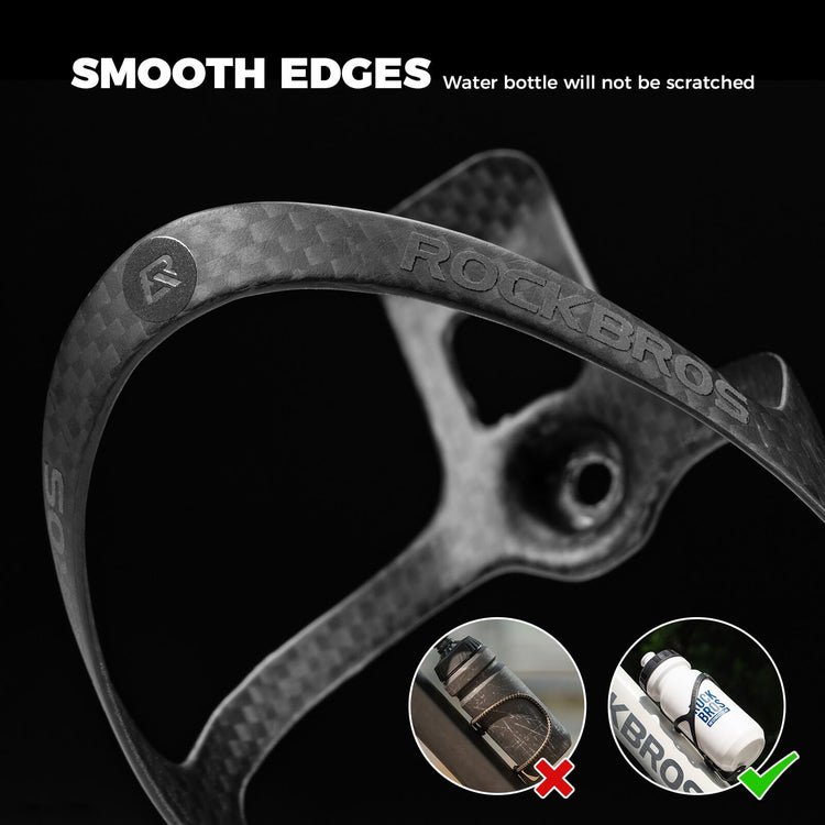 Lightweight ROCKBROS carbon fibre water bottle cages, designed for a secure hold and sleek fit on road and mountain bikes.