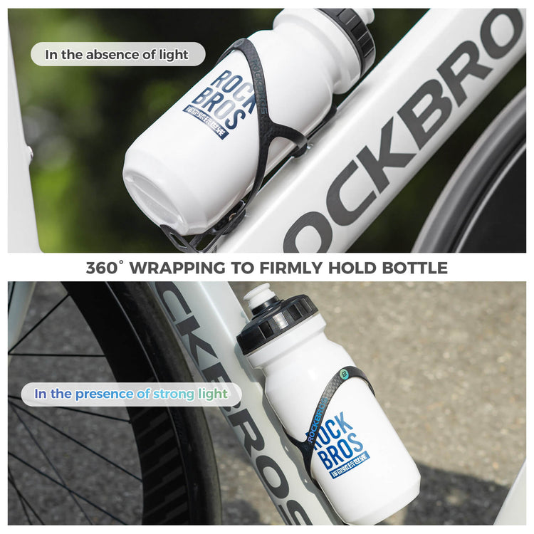 Lightweight ROCKBROS carbon fibre water bottle cages, designed for a secure hold and sleek fit on road and mountain bikes.
