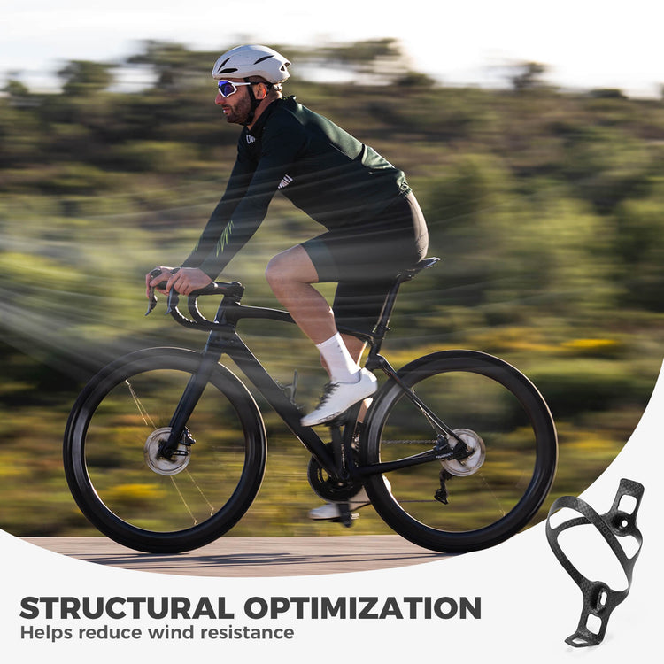 Lightweight ROCKBROS carbon fibre water bottle cages, designed for a secure hold and sleek fit on road and mountain bikes.