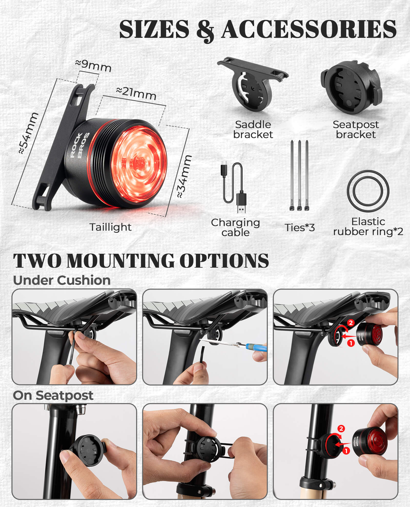 rockbros circular brake sensor bike rear light for road and mtb cycling.